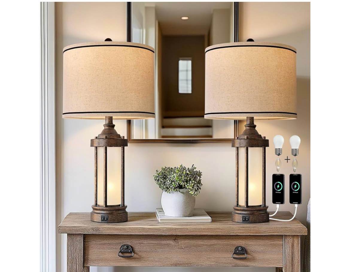 25" Latwanda Table Lamp Set With Night Light And USB Ports