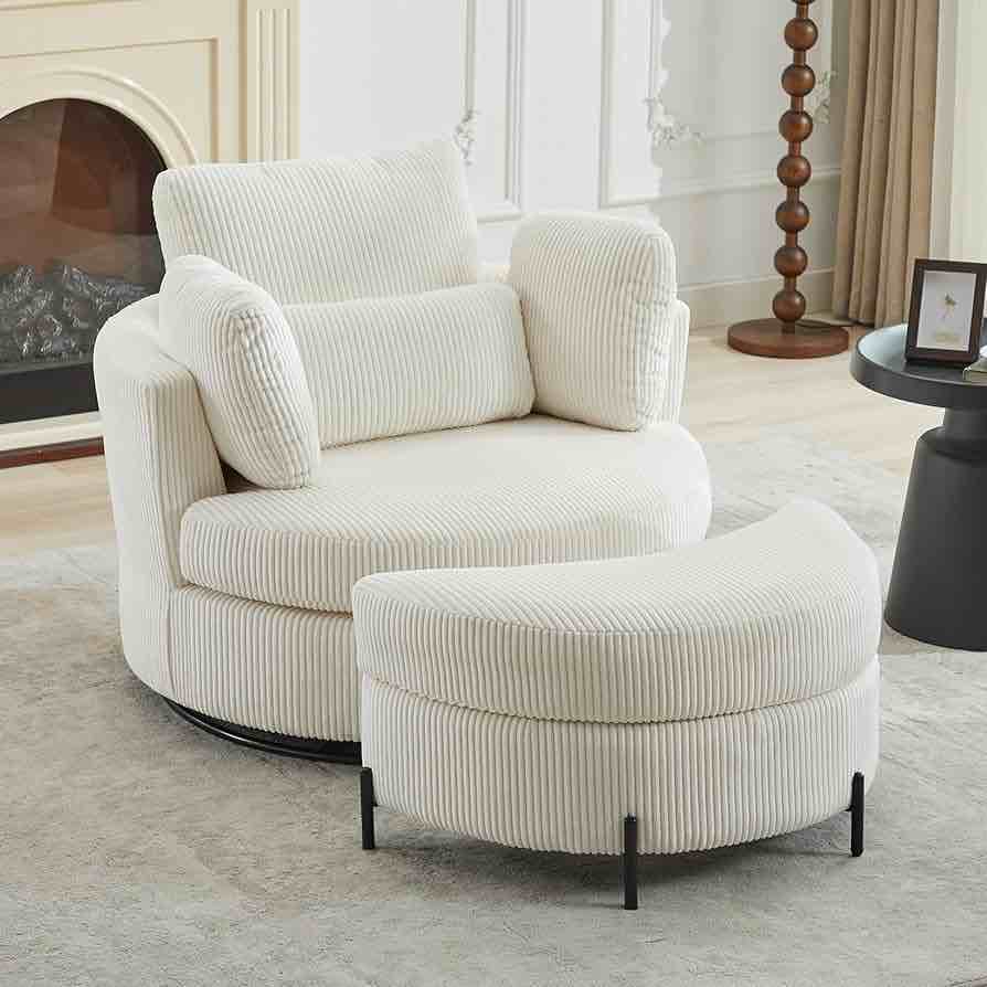 upholstered corduroy swivel chair with ottoman