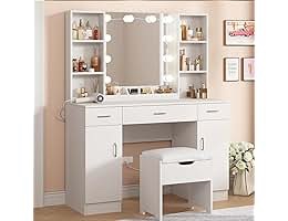 solid wood vanity desk with flip top mirror & lights, small makeup vanity with drawers, 3 lighting modes adjustable brightness, vanity table for bedroom and living room
