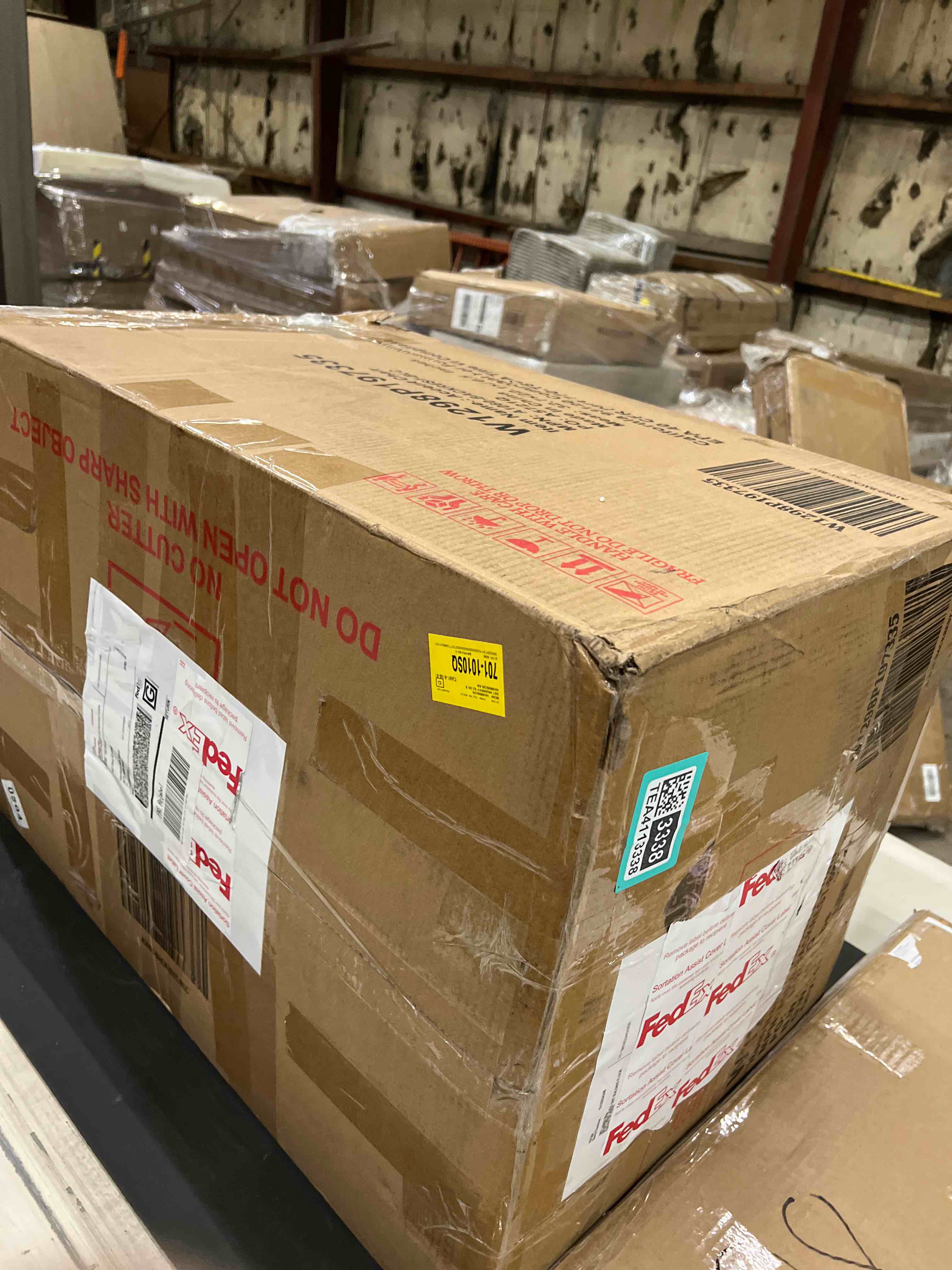 Condition photo showing As Is for (incomplete only one box )Upholstered Slipcovered Barrel Chair 