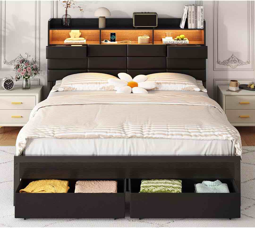 antioch modern king full bed with 4 drawers, adjustable led light and charging station