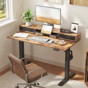 Electric Standing Desk With Drawers, Adjustable Desk With Storage Shelf, Stand Up Home Office Computer Table