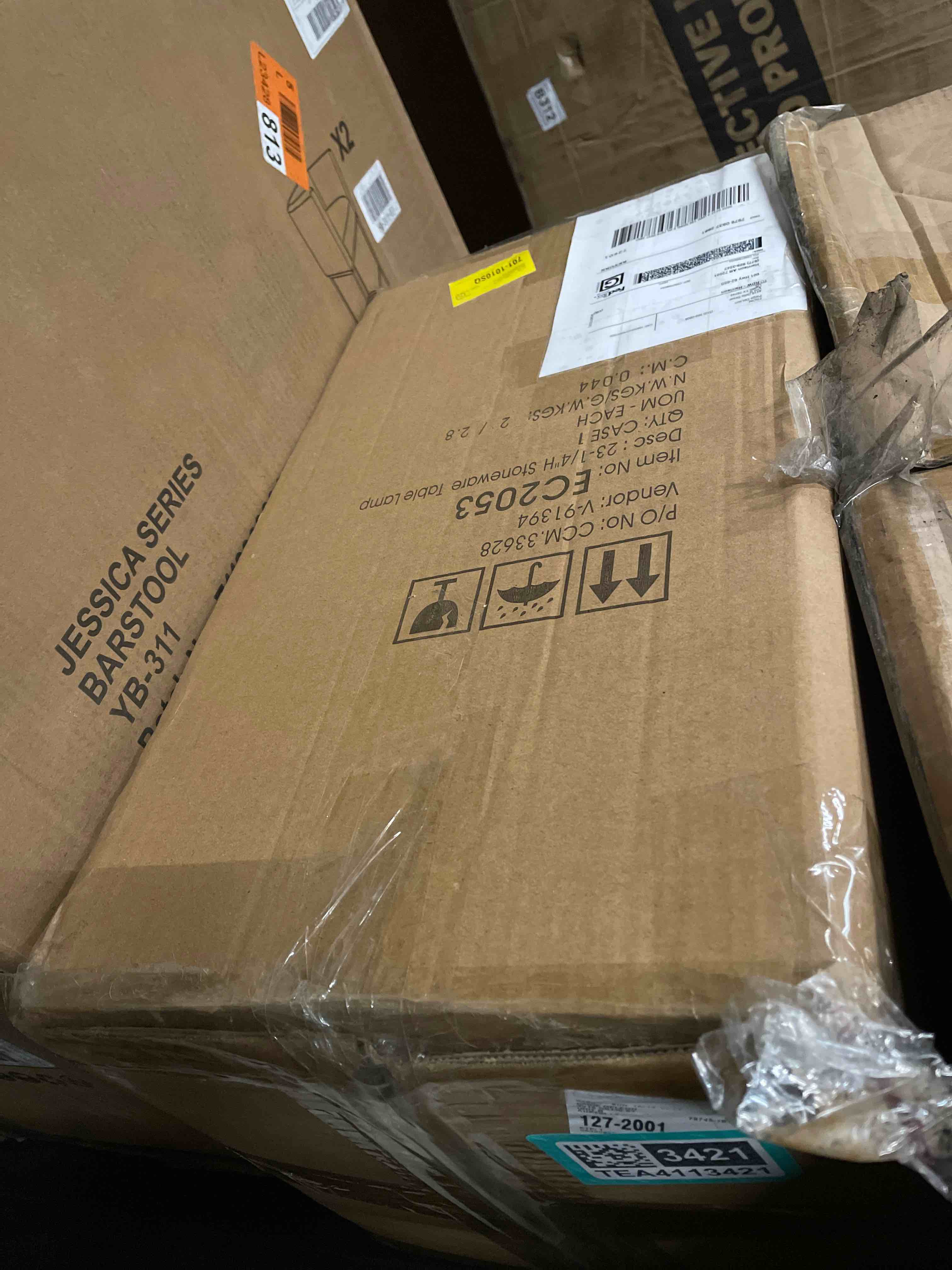 Condition photo showing As Is for Yellow Ceramic Table Lamp with Crossed Base and Linen Shade