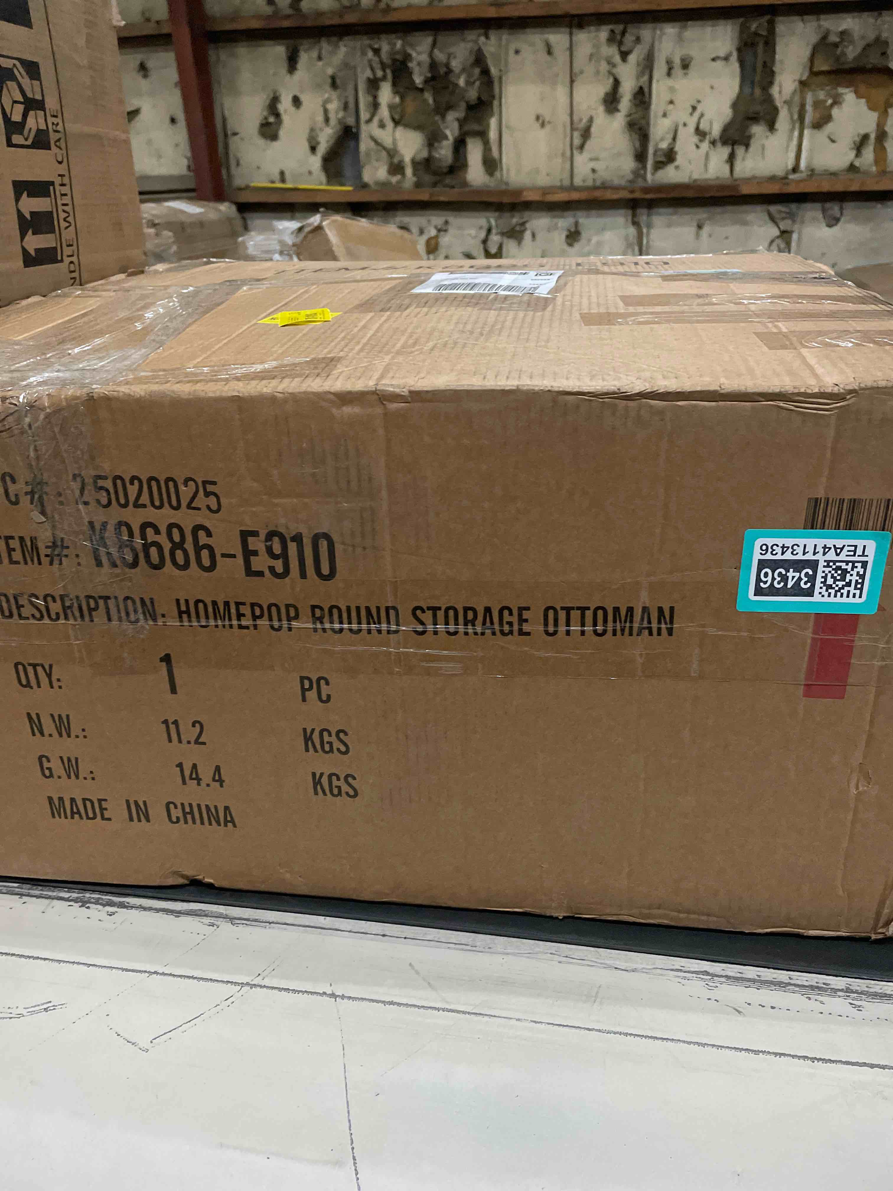 Condition photo showing As Is for Hodosh Round Storage Ottoman - Brown Faux Leather