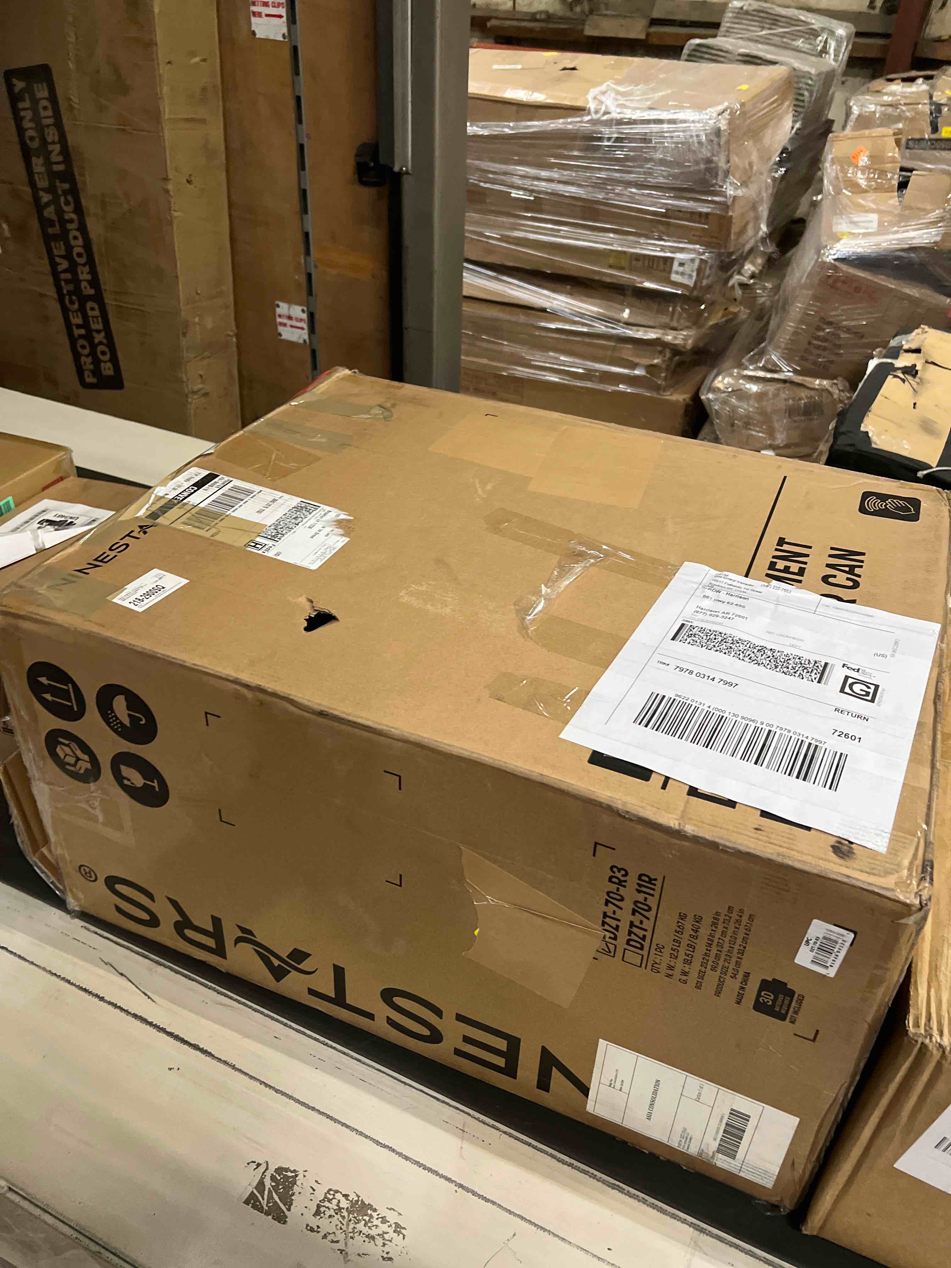 Condition photo showing As Is for Nine Stars 18.5 Gallon Stainless Steel Motion Sensor Multi-Compartments Trash & Recycling Bin