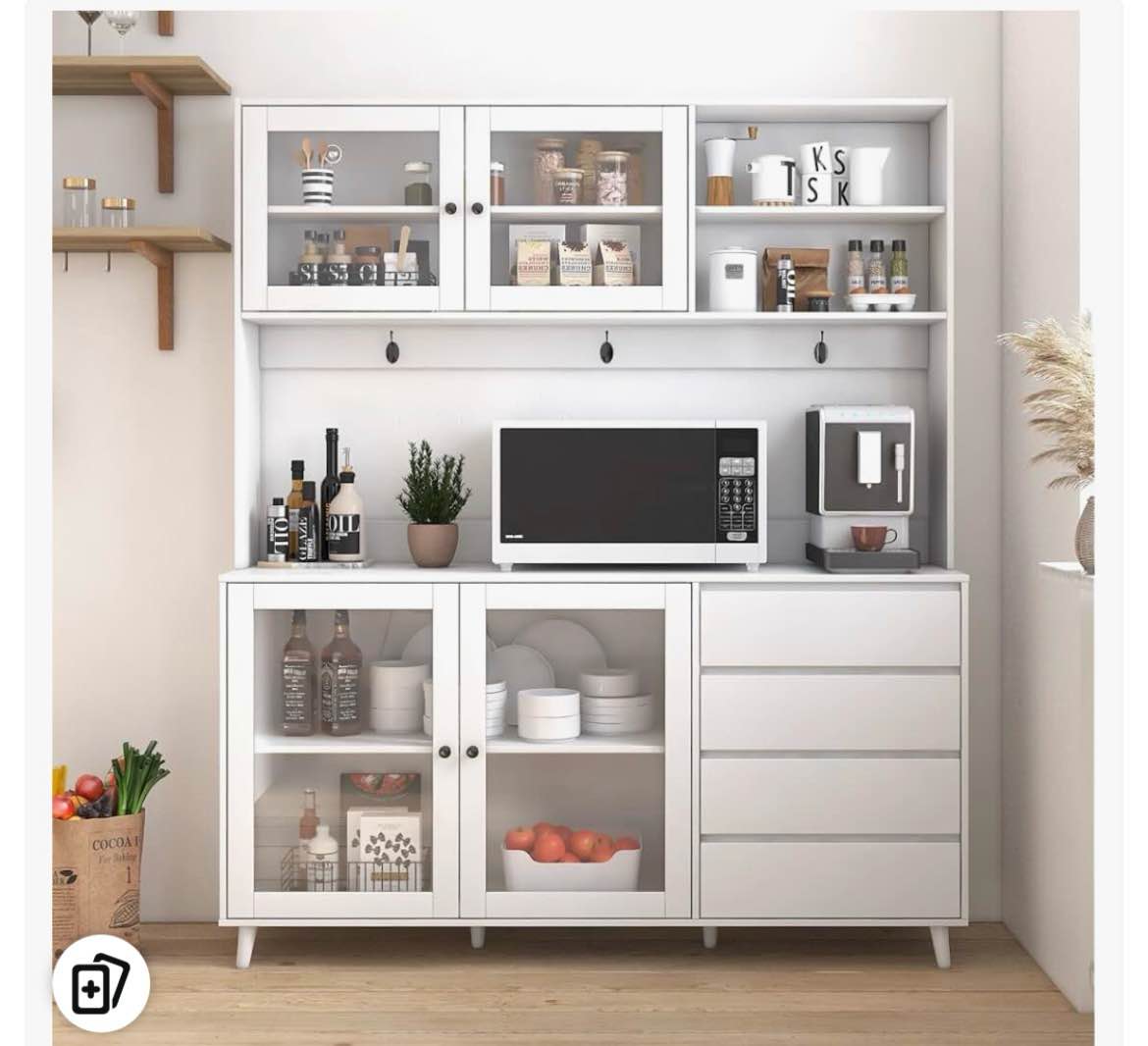 Large Kitchen Hutch Cabinet, Storage Cupboard Pantry With 4 Glass Doors, 4 Drawers & Microwave Shelf