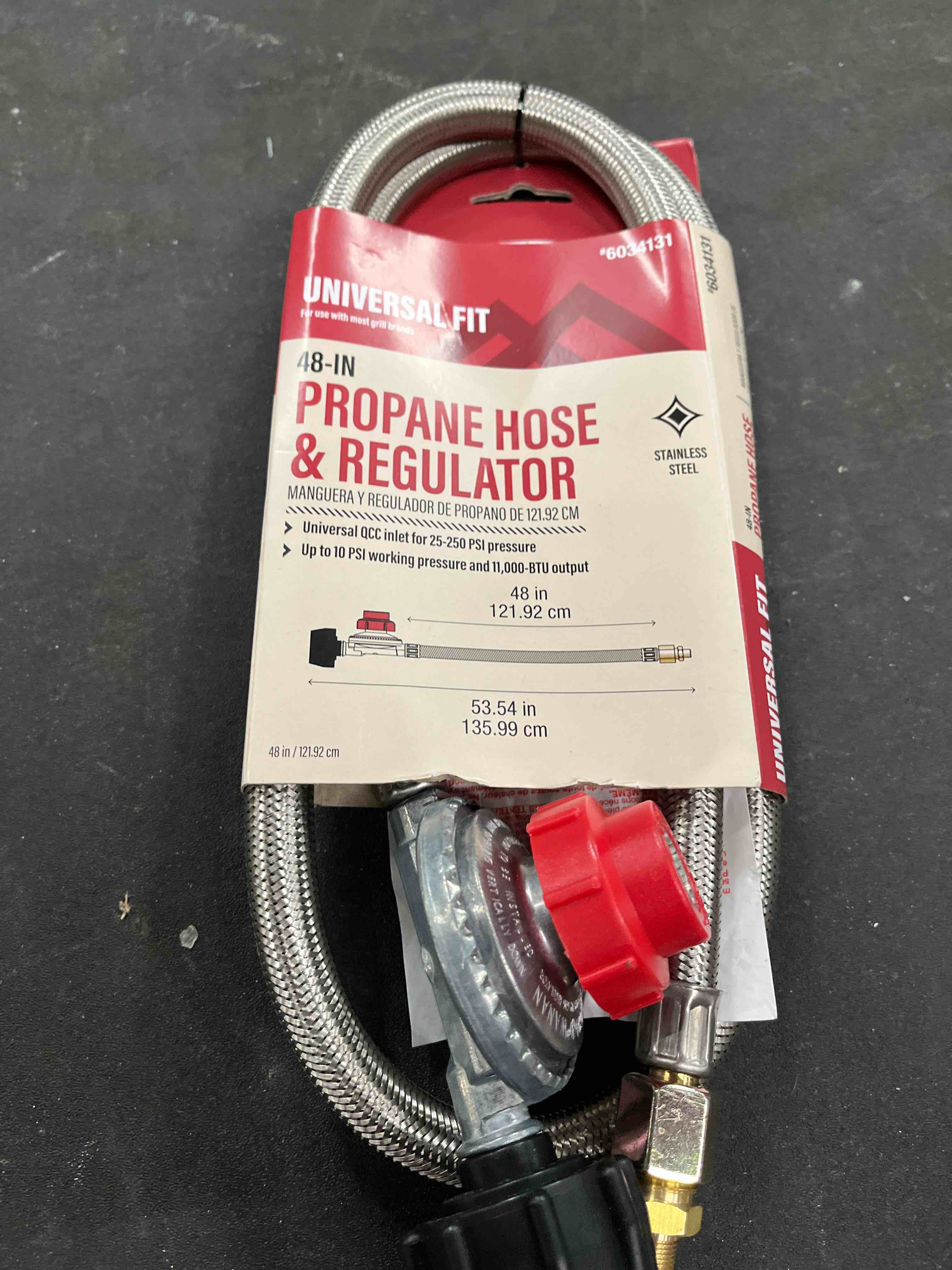 Condition photo showing Good Condition for universal fit 48-in propane hose ®ulator