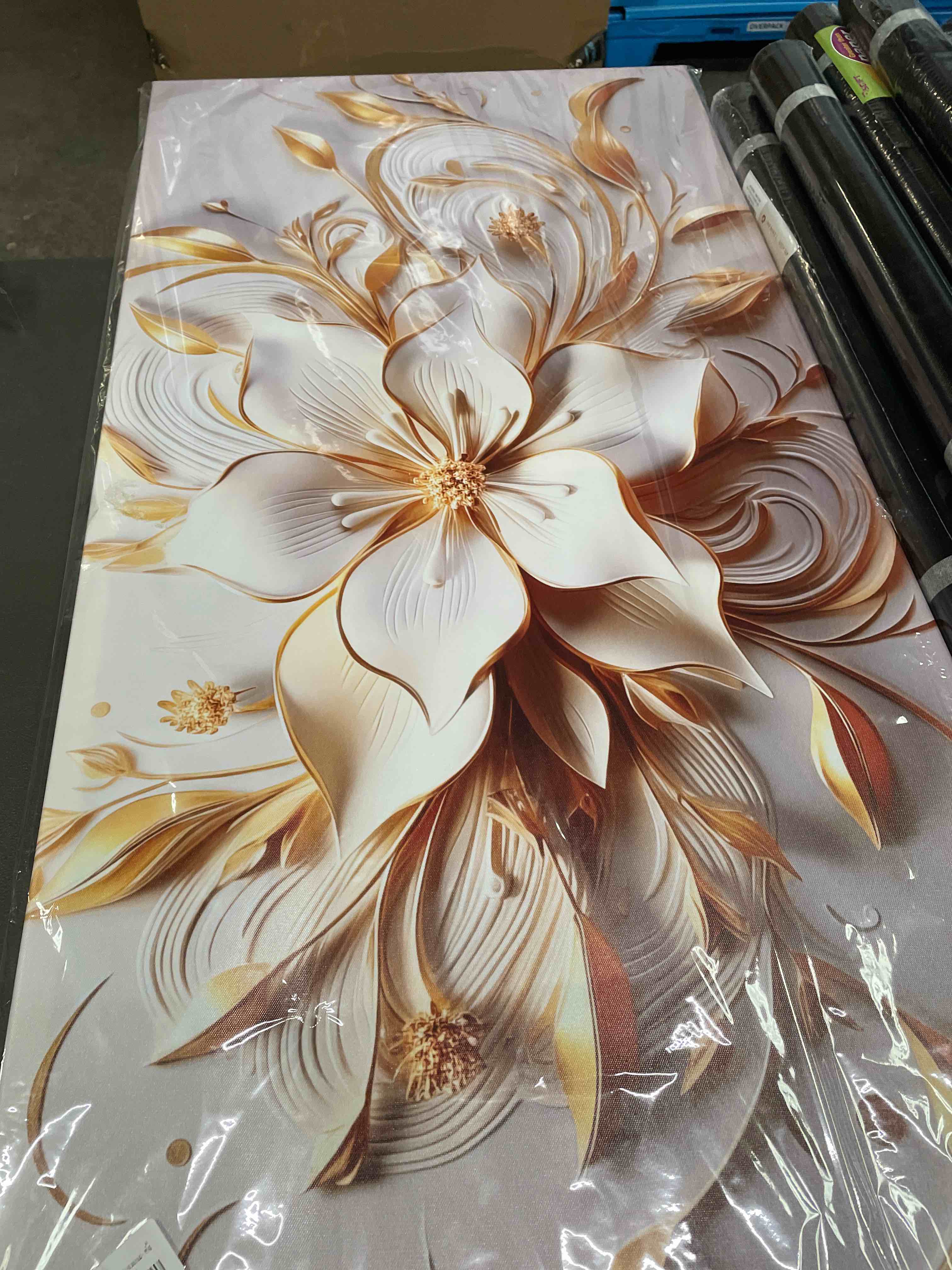Condition photo showing Good Condition for white flower wall art for office gold wall art for bedroom women wall decor for living room aesthetic size 24" x 48" 48"l x 24"w white and gold