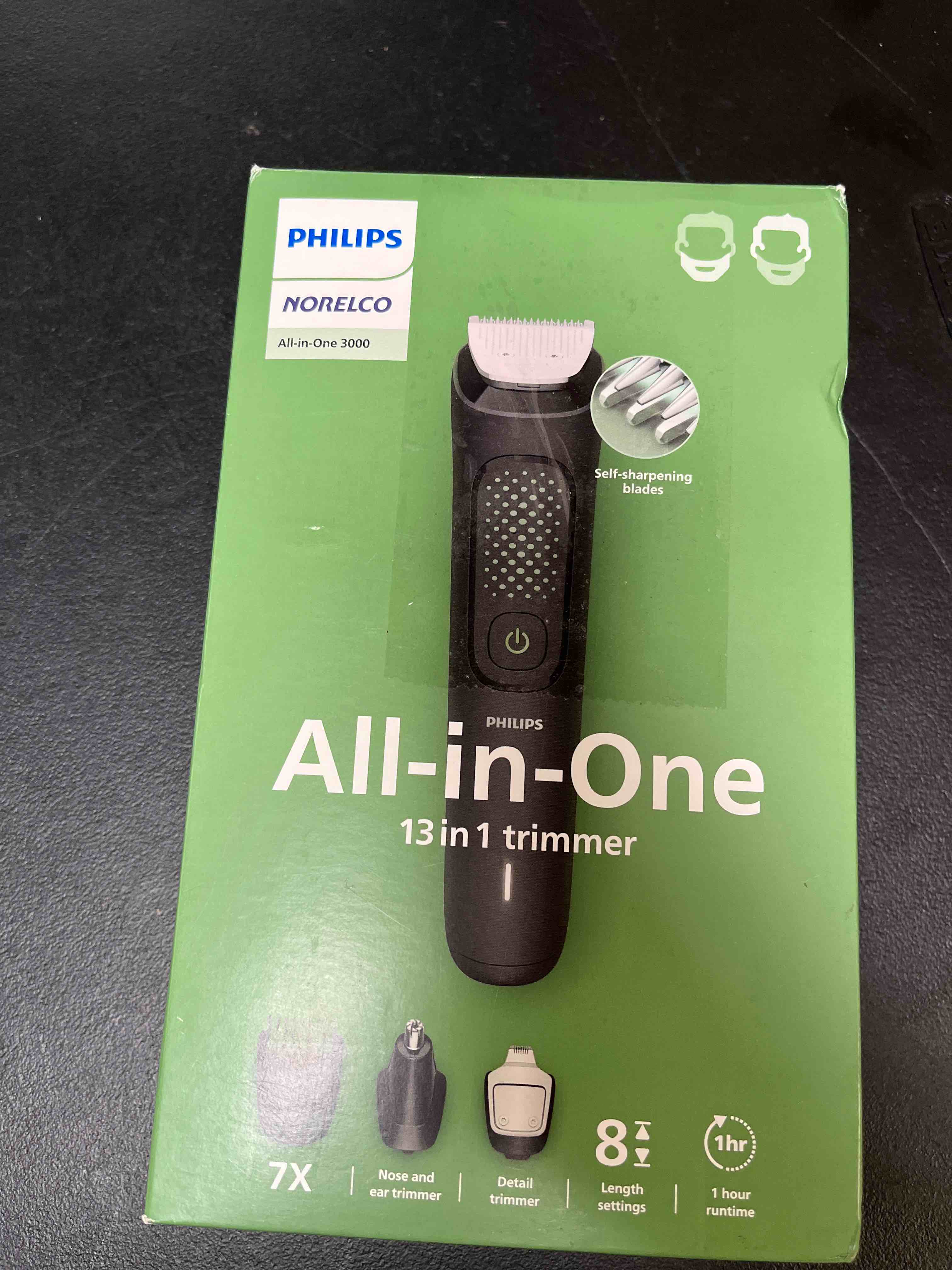 Condition photo showing Good Condition for norelco philips all-in-one 3000 series 13 in 1 trimmer for men, beard trimmer & head hair clipper, full metal self-sharpening blades & 8 length settings, mg3939/50 black mg3939/50 - 13 pieces + full metal blades