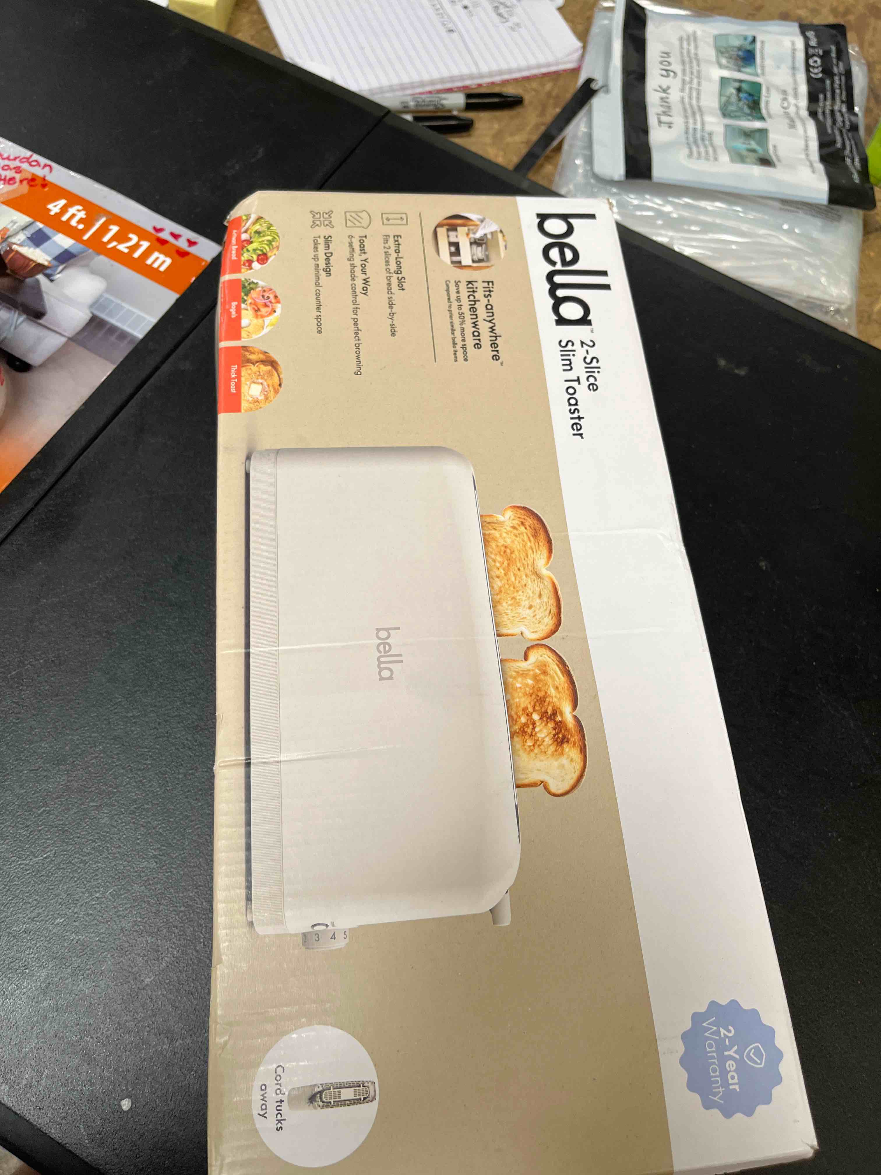 Condition photo showing Good Condition for bella 2 slice slim toaster, fits-anywhere™ kitchenware, 6 setting shade control with reheat & cancel buttons, fits sourdough, 10” long slot, anti jam & auto shutoff, 900 watt, oatmilk 2 slice oatmilk
