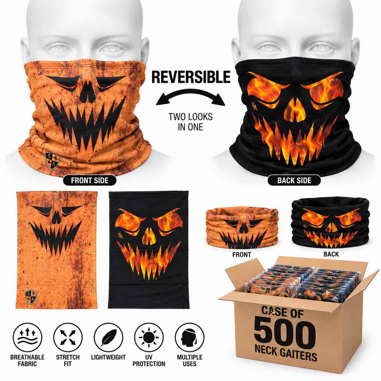 Case of 500 SA Company Face Mask / Neck Gaiter Reversible- Jack O 