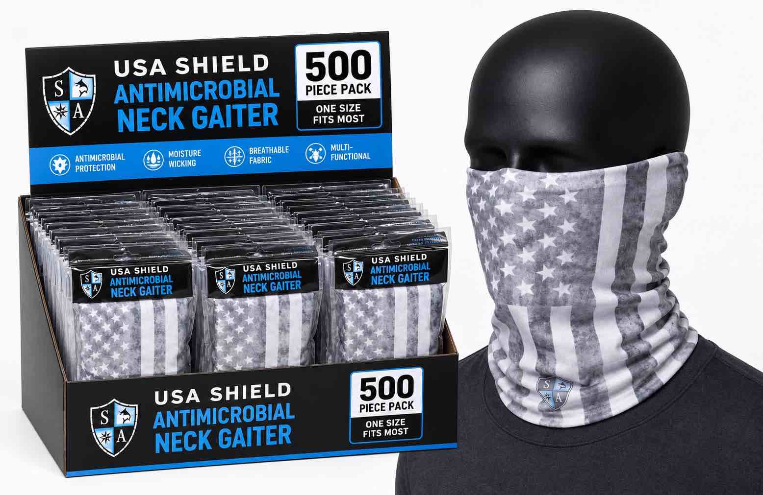 Case of 500 SA Company Face Mask / Neck Gaiter Blackout American Flag