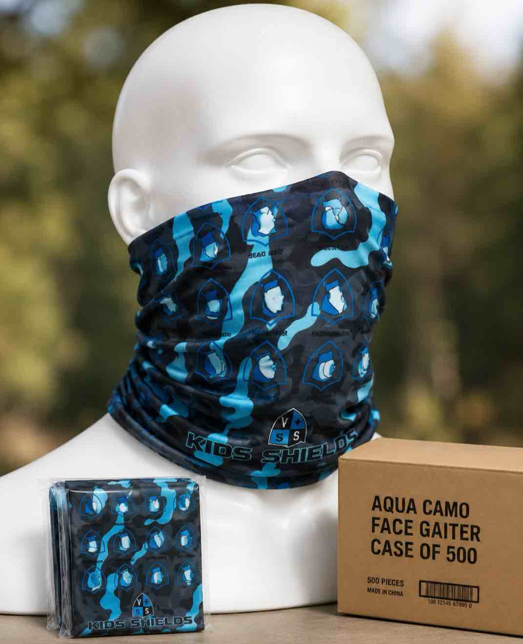 case of 500 sa kids face mask / neck gaiter aqua camo 