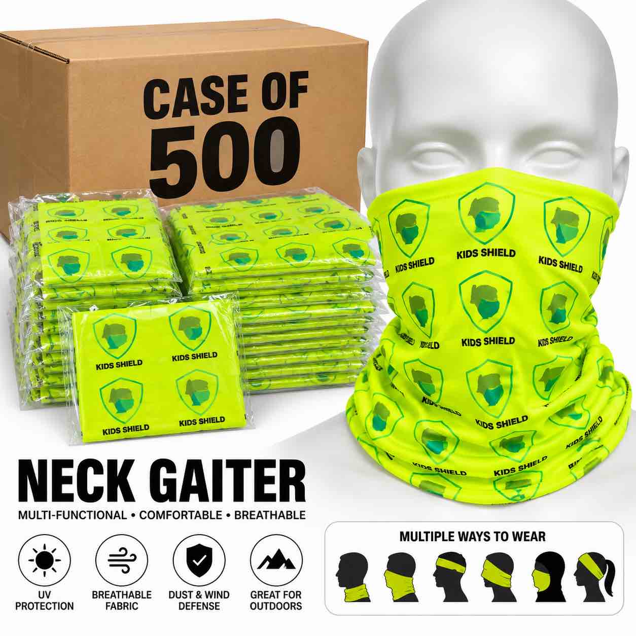 Case of 500 SA Company Kids Face Mask / Neck Gaiter - Safety Yellow 