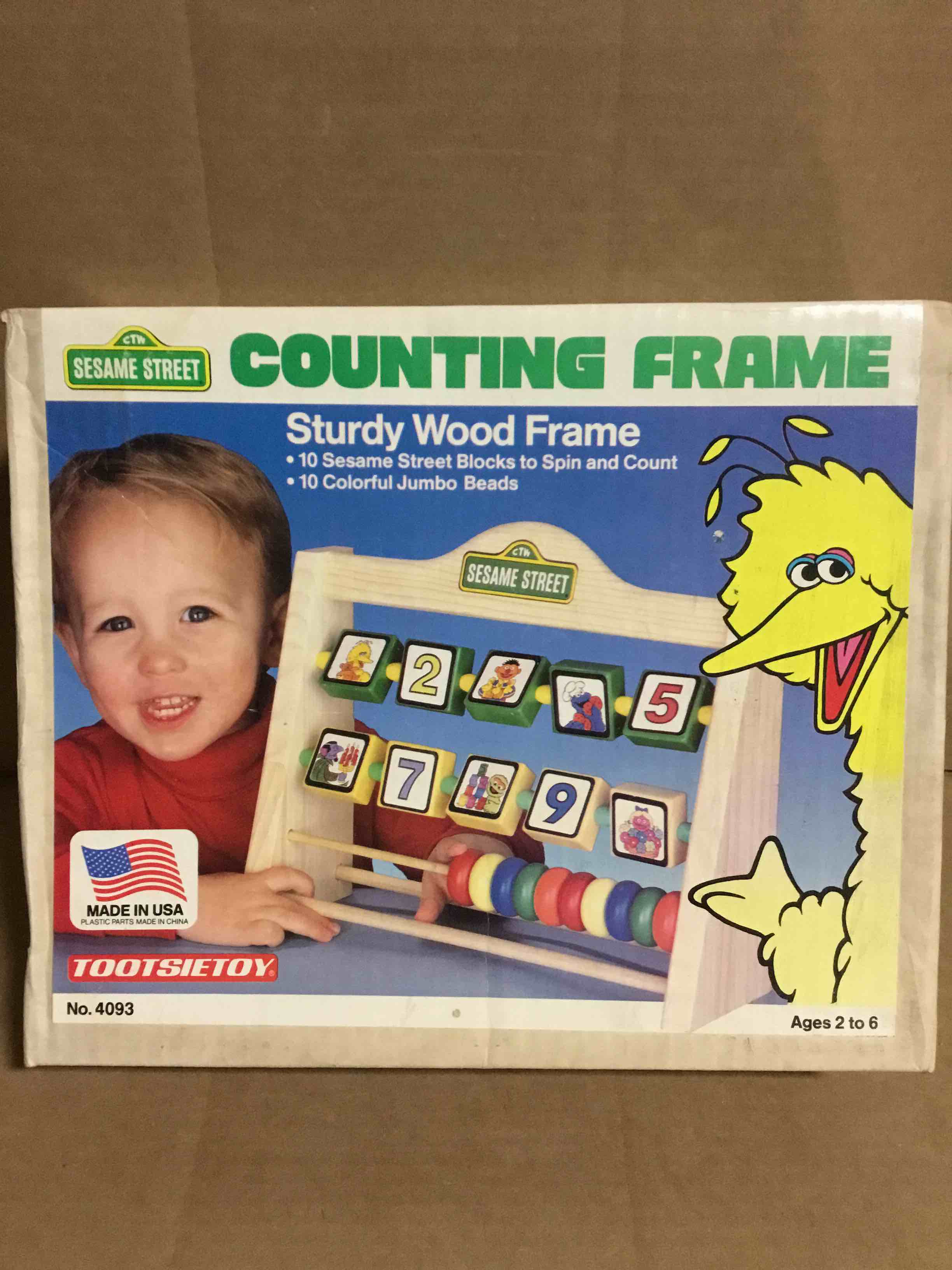 Condition photo showing New/Like New for Vintage 1987 Sesame Street 5 Row Wooden Counting Frame With Box learning HTF