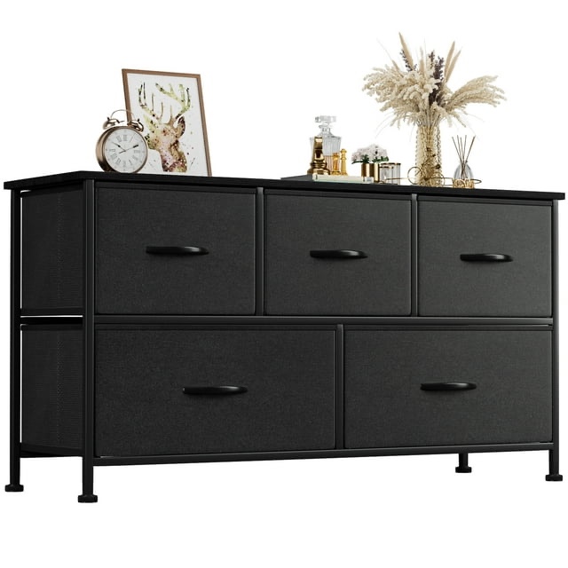 5 Drawer Fabric Dresser Wide Chest Of Drawers Nightstand With Wood Top Rustic Storage Tower Storage Dresser Closet For Living Room, Bedroom, Hallway, Black