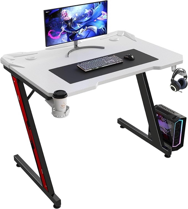 Gaming Computer Desk with Carbon Fiber Surface, Gaming Table Z Shaped Pc Home Office with Cup Holder&Headphone Hook(32 in, White)
