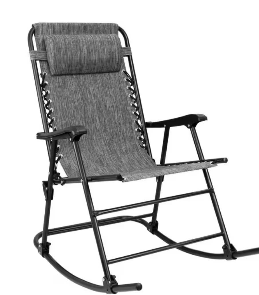 Black Metal Patio Outdoor Rocking Chair Zero Gravity Wide Recliner Chair, Gray