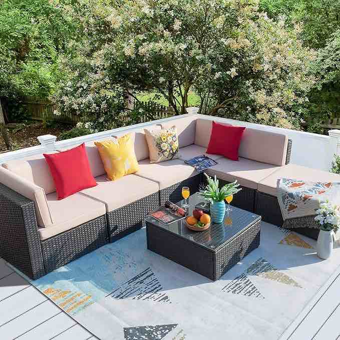 7 Pieces Patio Outdoor Furniture Sofa Set, All Weather PE Rattan Wicker Sectional Sets Modern Modular Couch Outside Conversation Set with Thick Cushions and Glass Coffee Table (Brown)