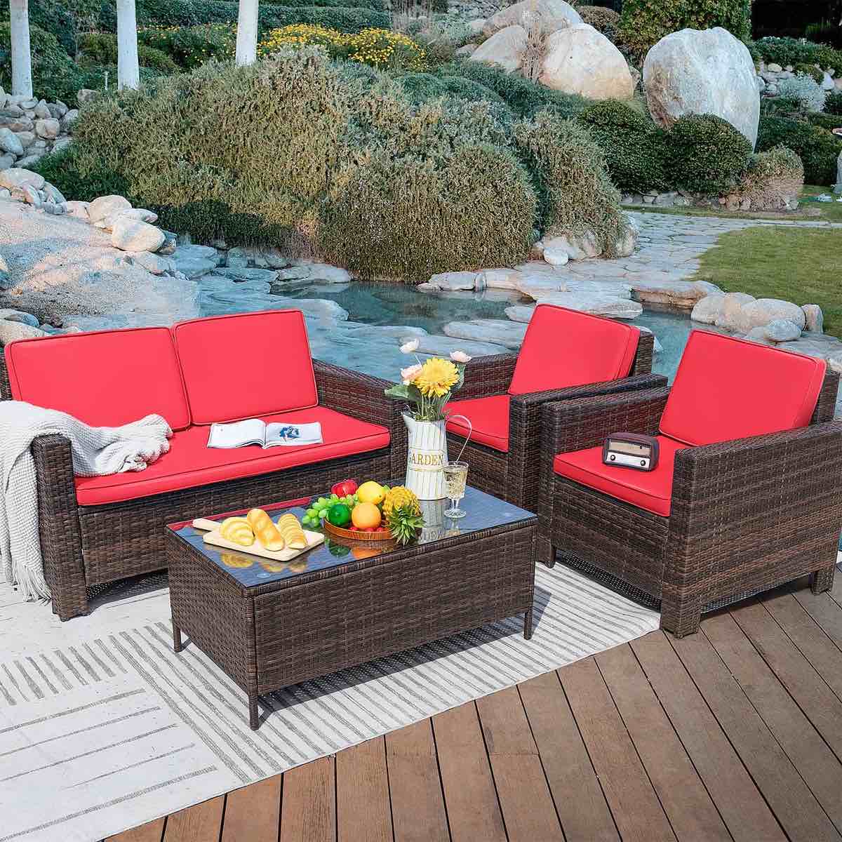 Patio Furniture Sets Rattan Chair Wicker Conversation Sofa Set Outdoor Backyard Porch Garden Poolside Balcony Use Furniture, Red
