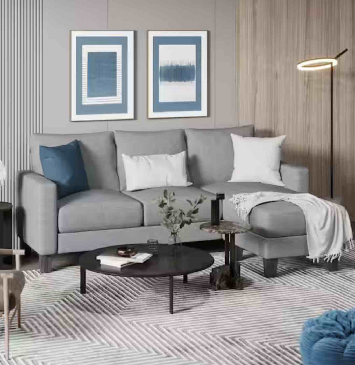 Classic L-Shaped Sectional Sofa Reversible Linen Sectional Sofa in Light Gray with Chaise