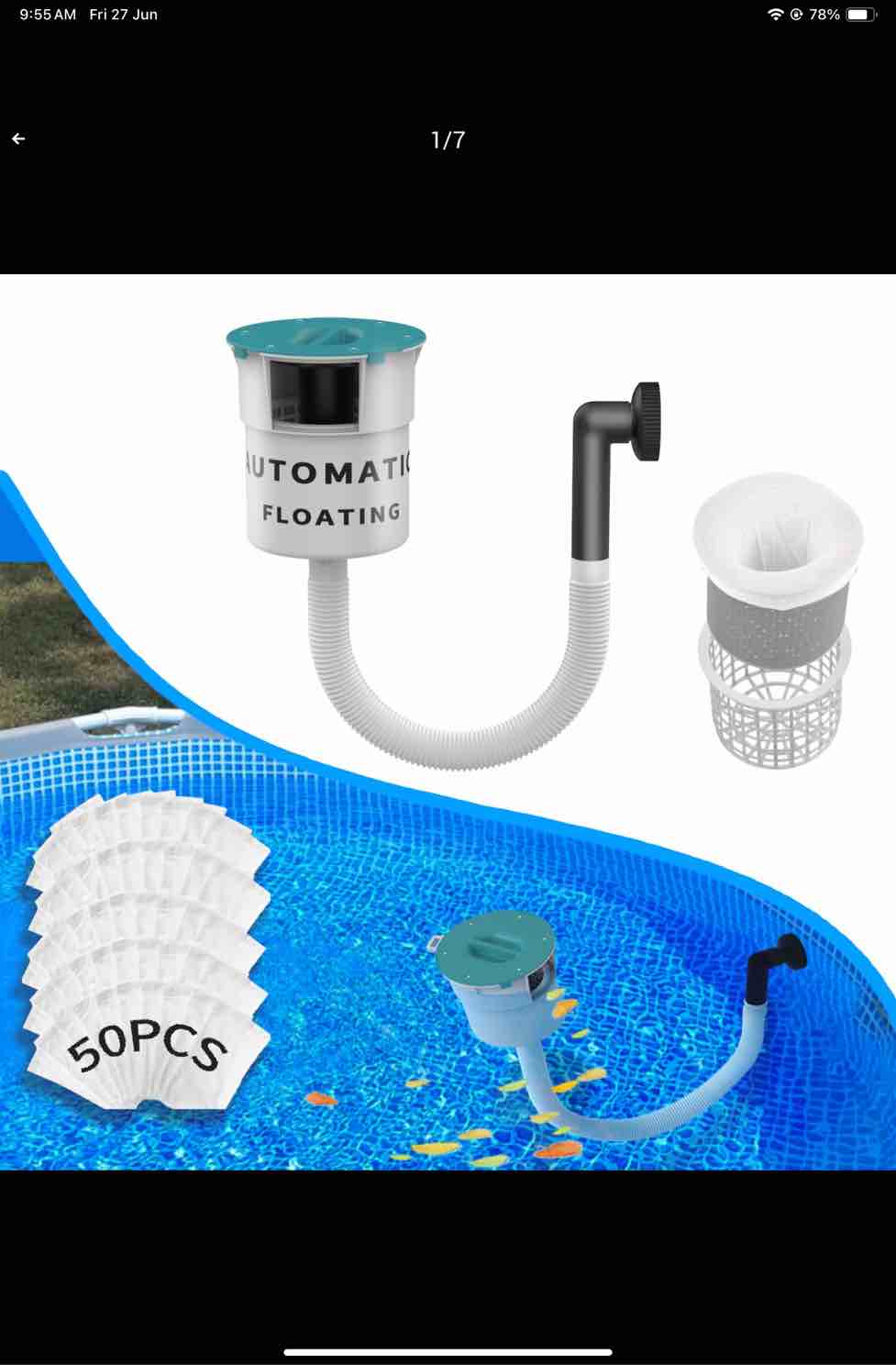 Surface Float Skimmer,2025 Upgrade,No Installation Required, no Adjustable Bracket Required,Comes with 50 Filter Socks, Perfect for Women ((((Turquoise))))