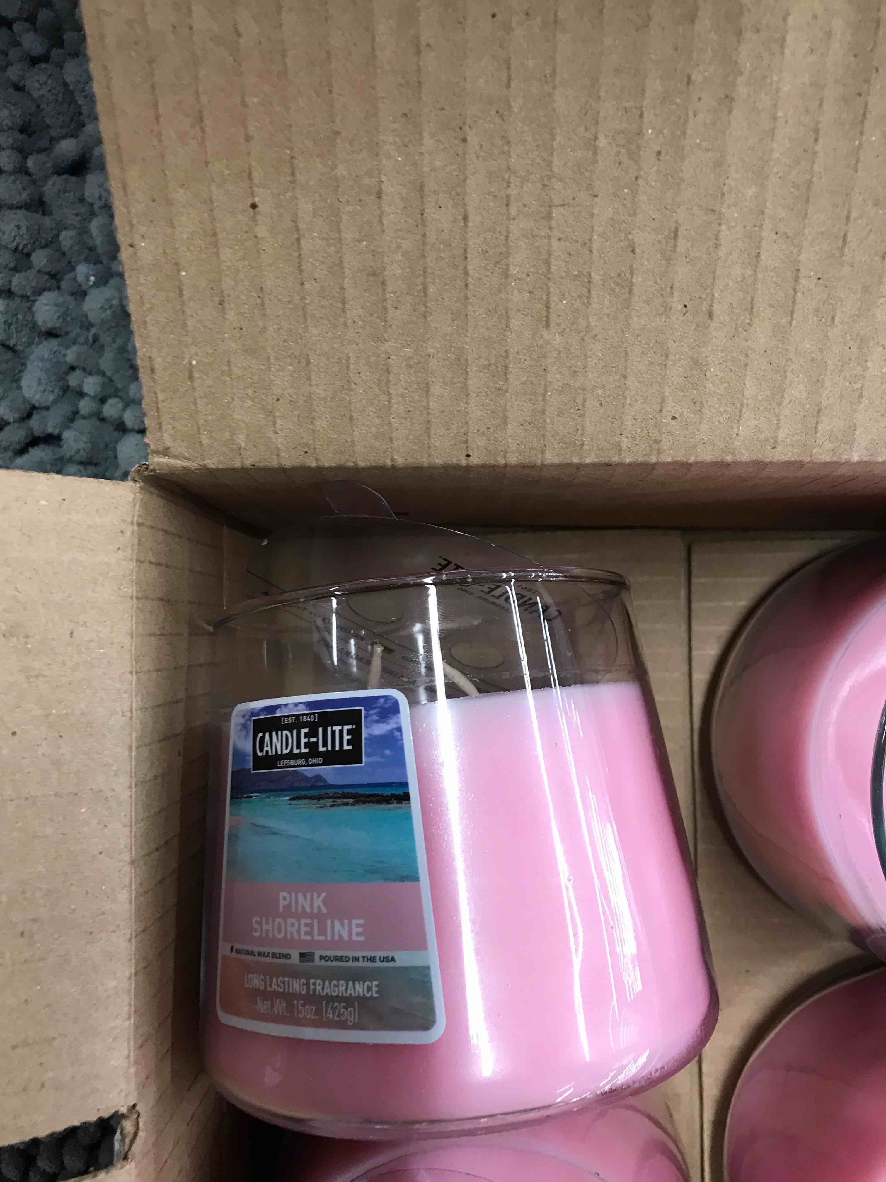 Condition photo showing New/Like New for Candle-Lite Pink Shoreline Candles.   Set of 4