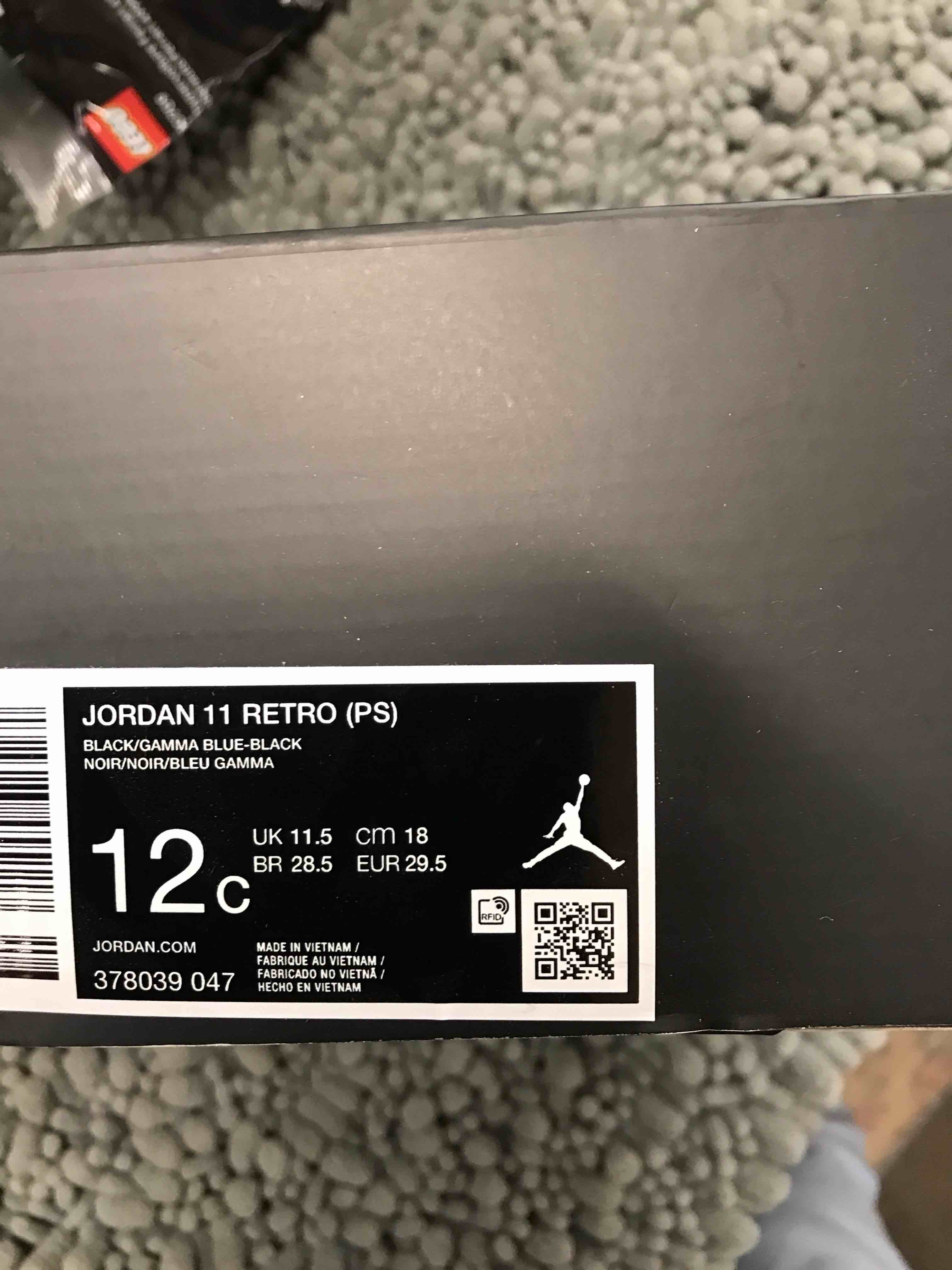 Condition photo showing New/Like New for Boys Jordan 11 Retro.       Size 12c