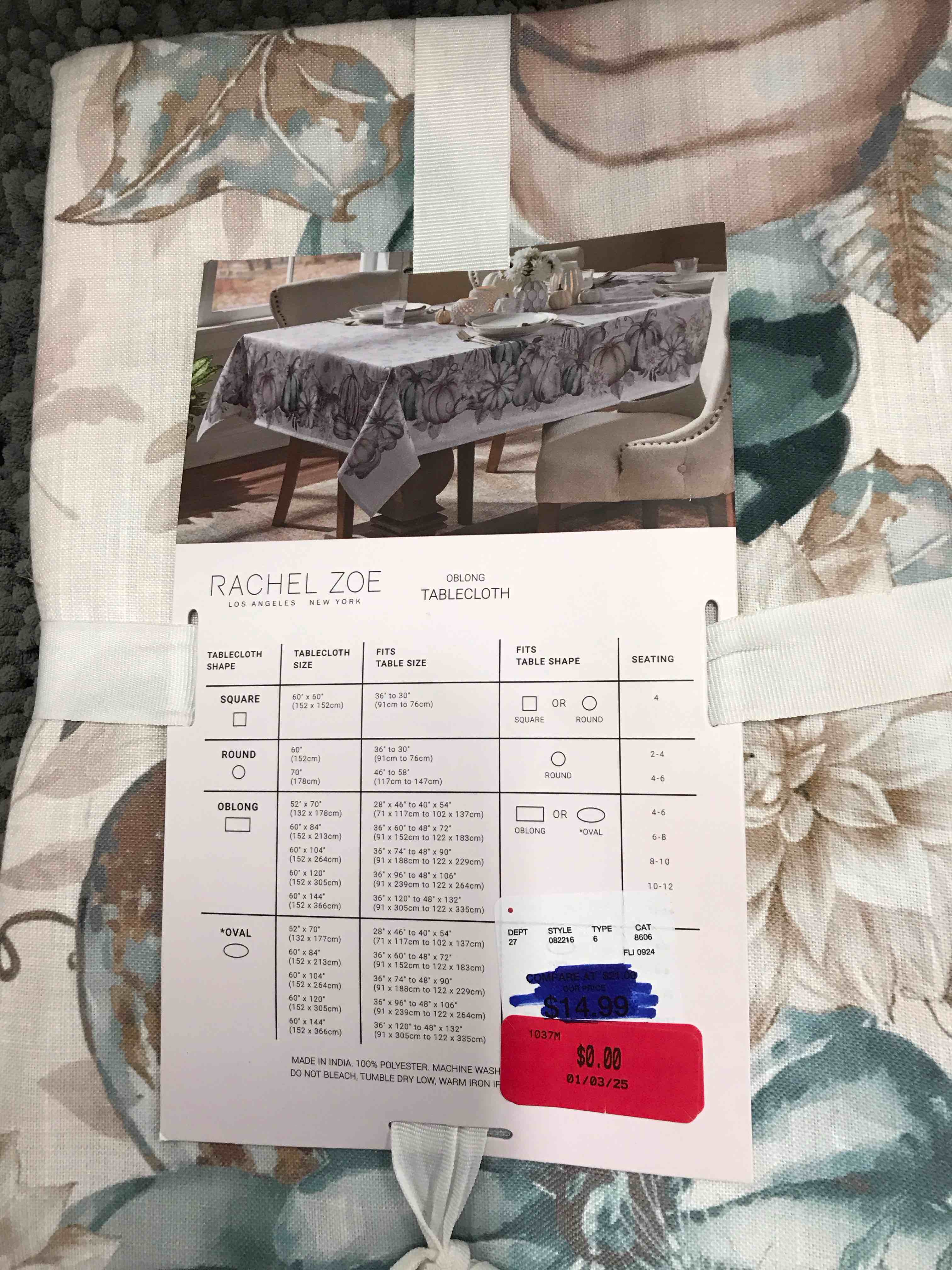 Condition photo showing Good Condition for Rachel Zoe Oblong Tablecloth.    60x84”