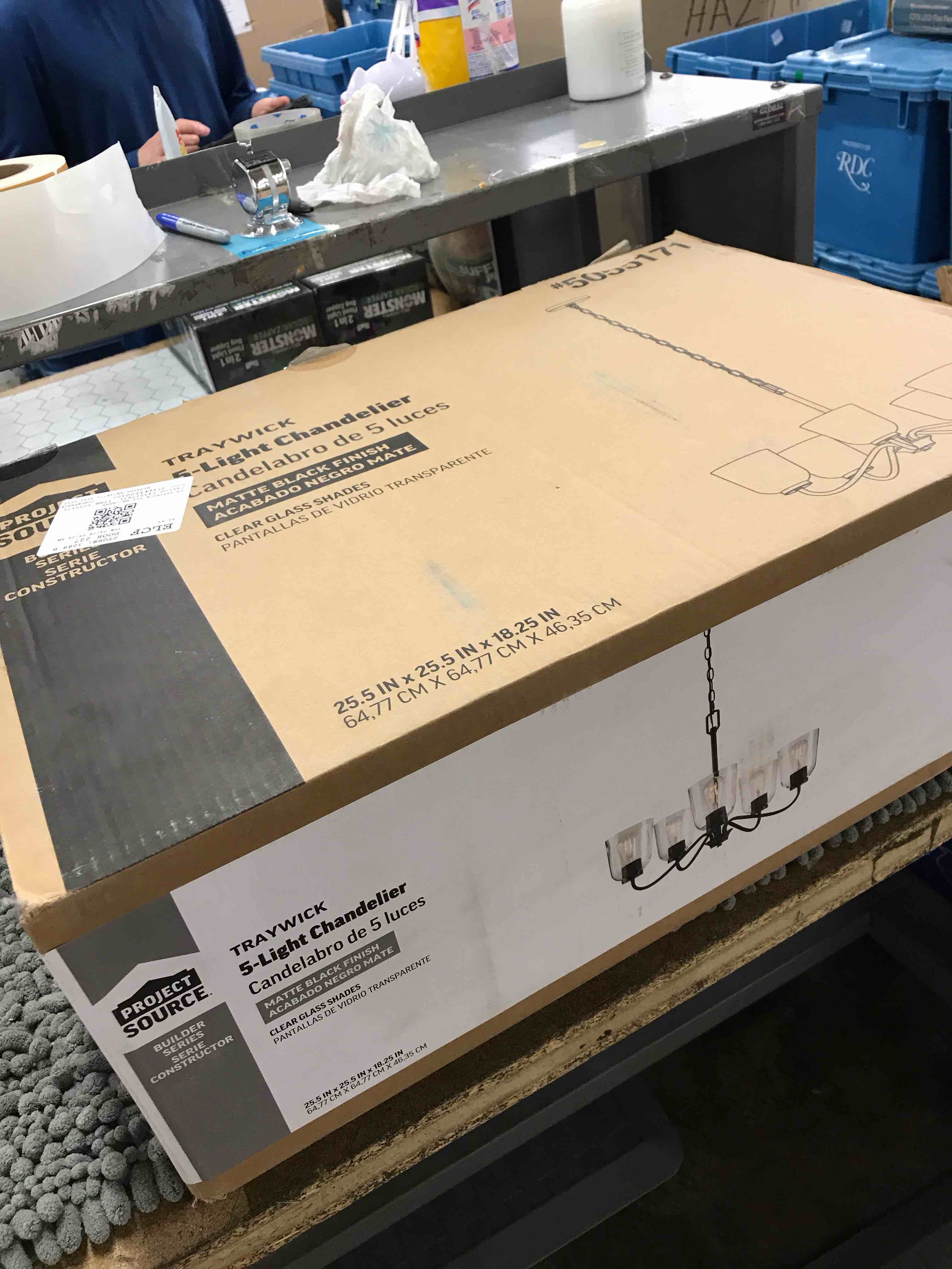 Condition photo showing As Is for 5 light chandelier