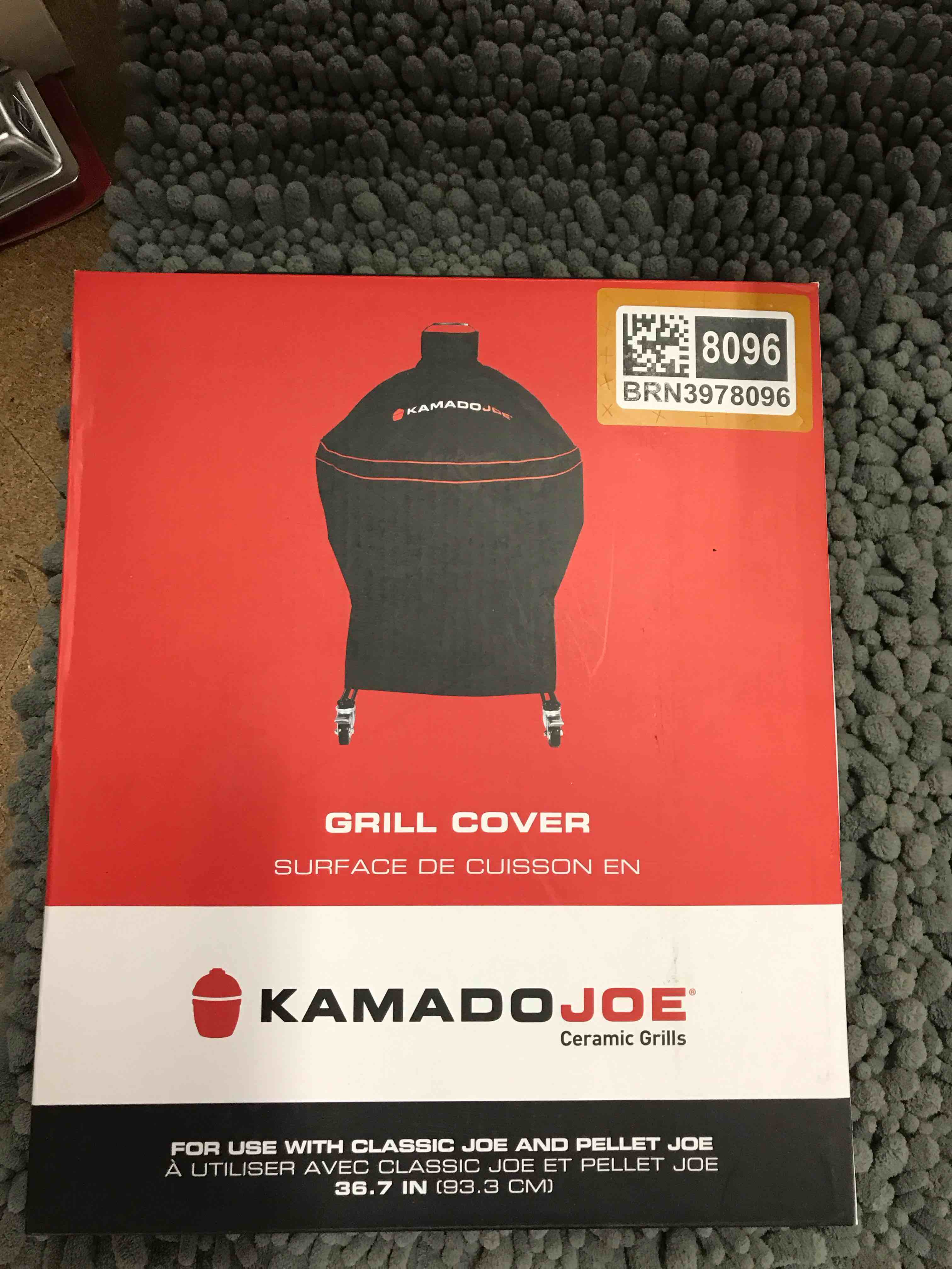 Condition photo showing New/Like New for Kamado Joe Classic Joe Series 18-inch Ceramic Charcoal Grill and Smoker Durable Polyester Grill Cover with Adjustable Buckle in Black, Model KJ-GC23BWFS