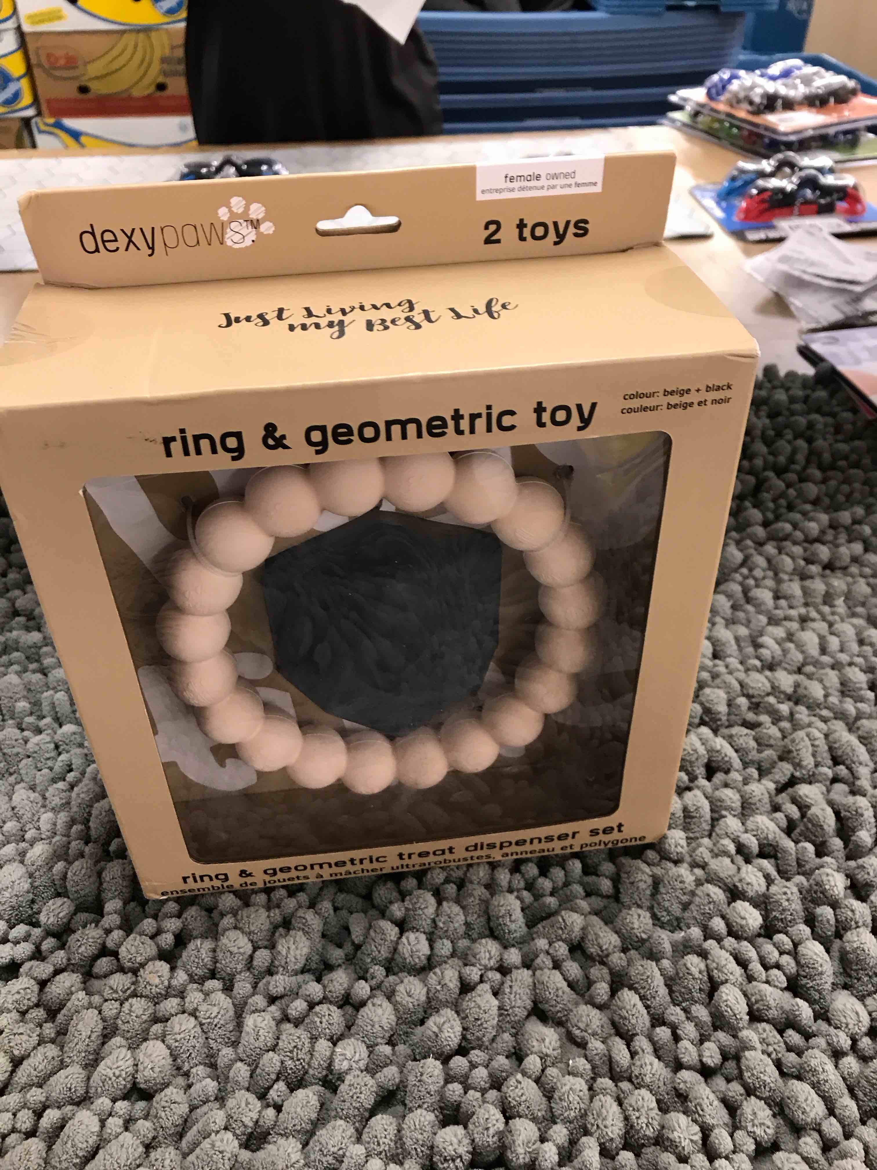 Condition photo showing New/Like New for Dexypaws: Chew Master: Ring & Geometric Kong - Beige & Black - 2pc Dog Toys, Aggressive Chewers, Treat Dispensing Kong, Fetch & Tug, Rubber, Pet Play