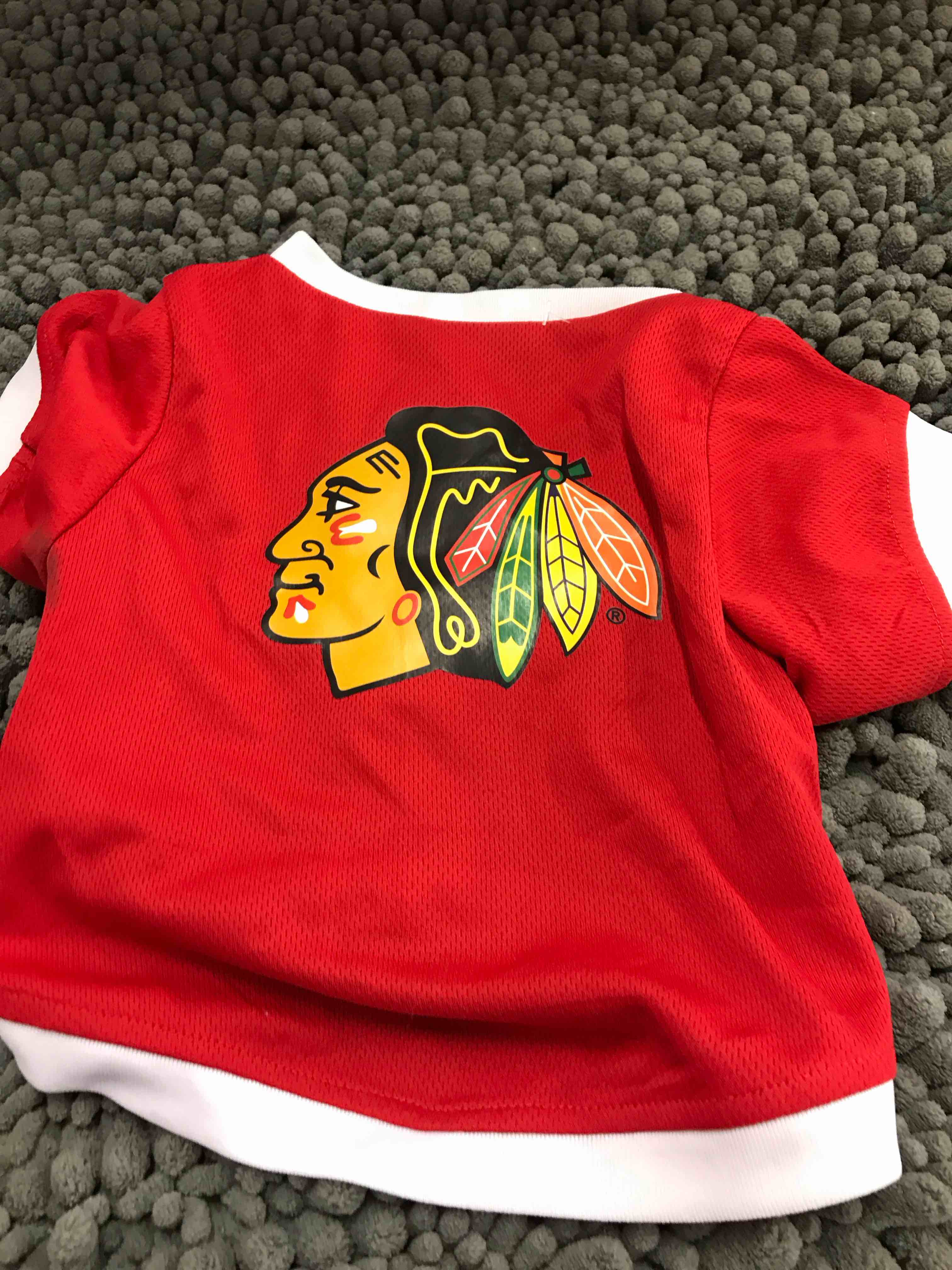 Condition photo showing Good Condition for size medium Blackhawks dog shirt