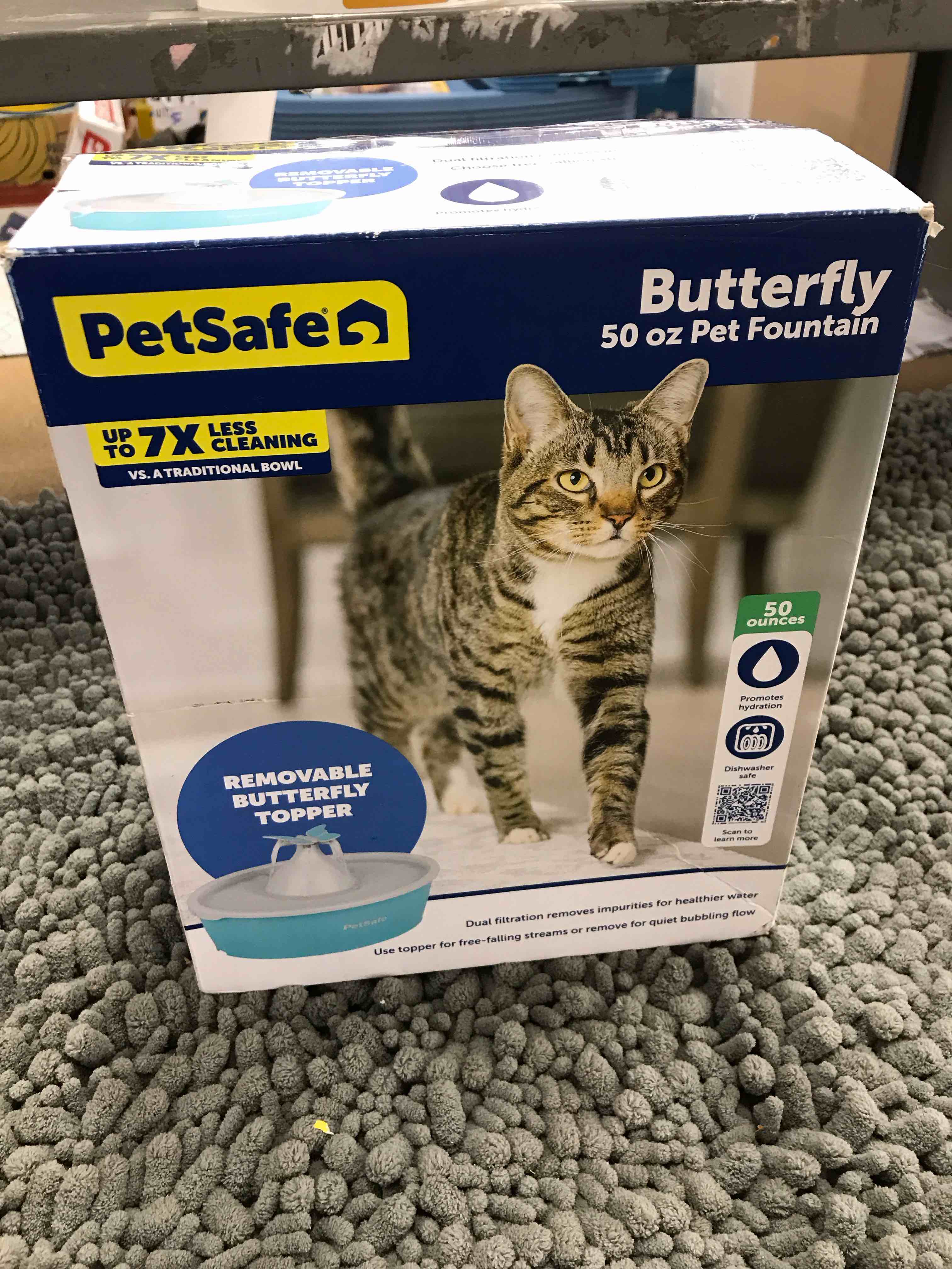 Condition photo showing New/Like New for PetSafe Butterfly Cat Water Fountain with Pump & Filters - Cute Water Dispenser with 50 oz Capacity - Pump & Filters Keep Water Clean & Fresh - Filter Contains 2X More Carbon Than Other Brands