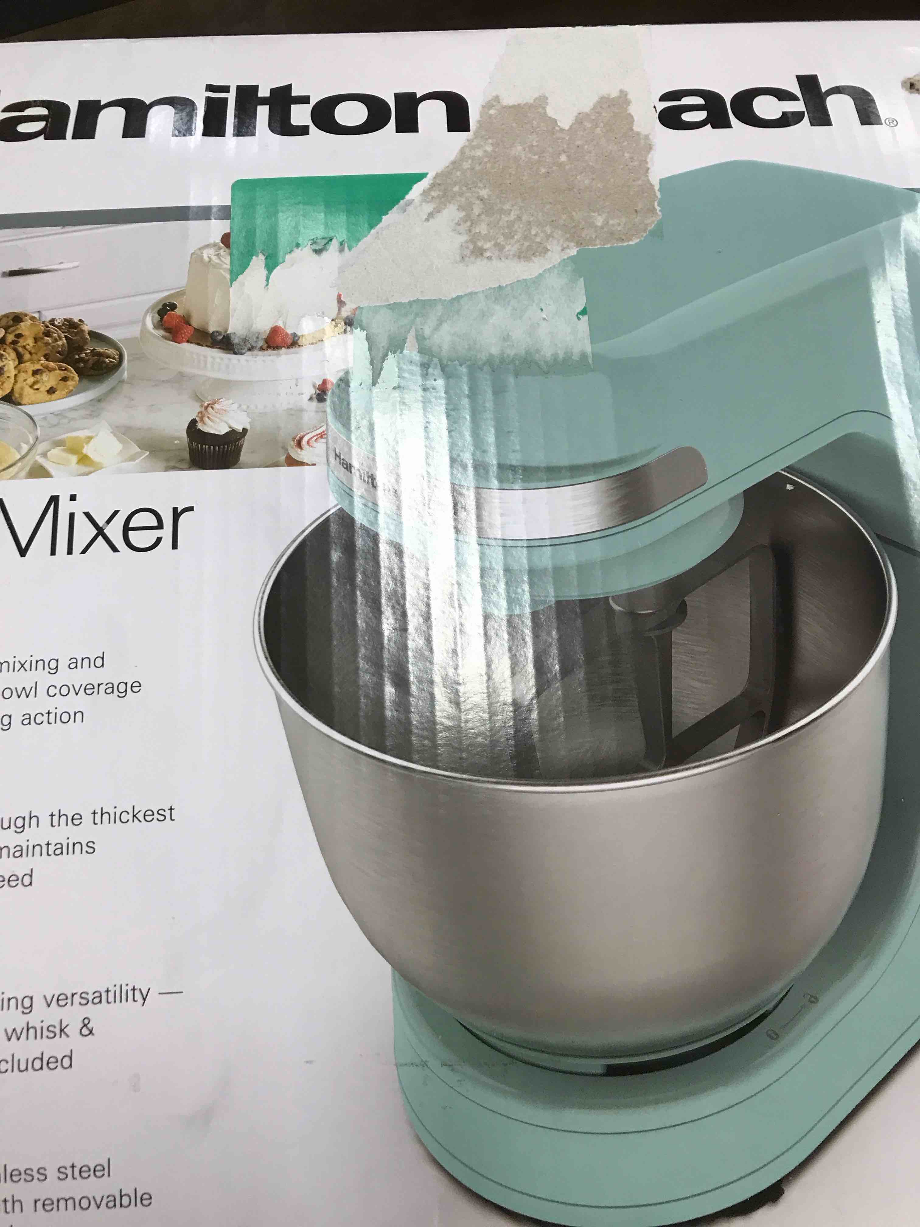 Hamilton Beach Electric Stand Mixer  4 Quart Stainless Bowl  7 Speeds  Tilt-Head  Dough Hook  Whisk and Flat Beater  Splash Guard  300 Watts  Aqua Blue  63387