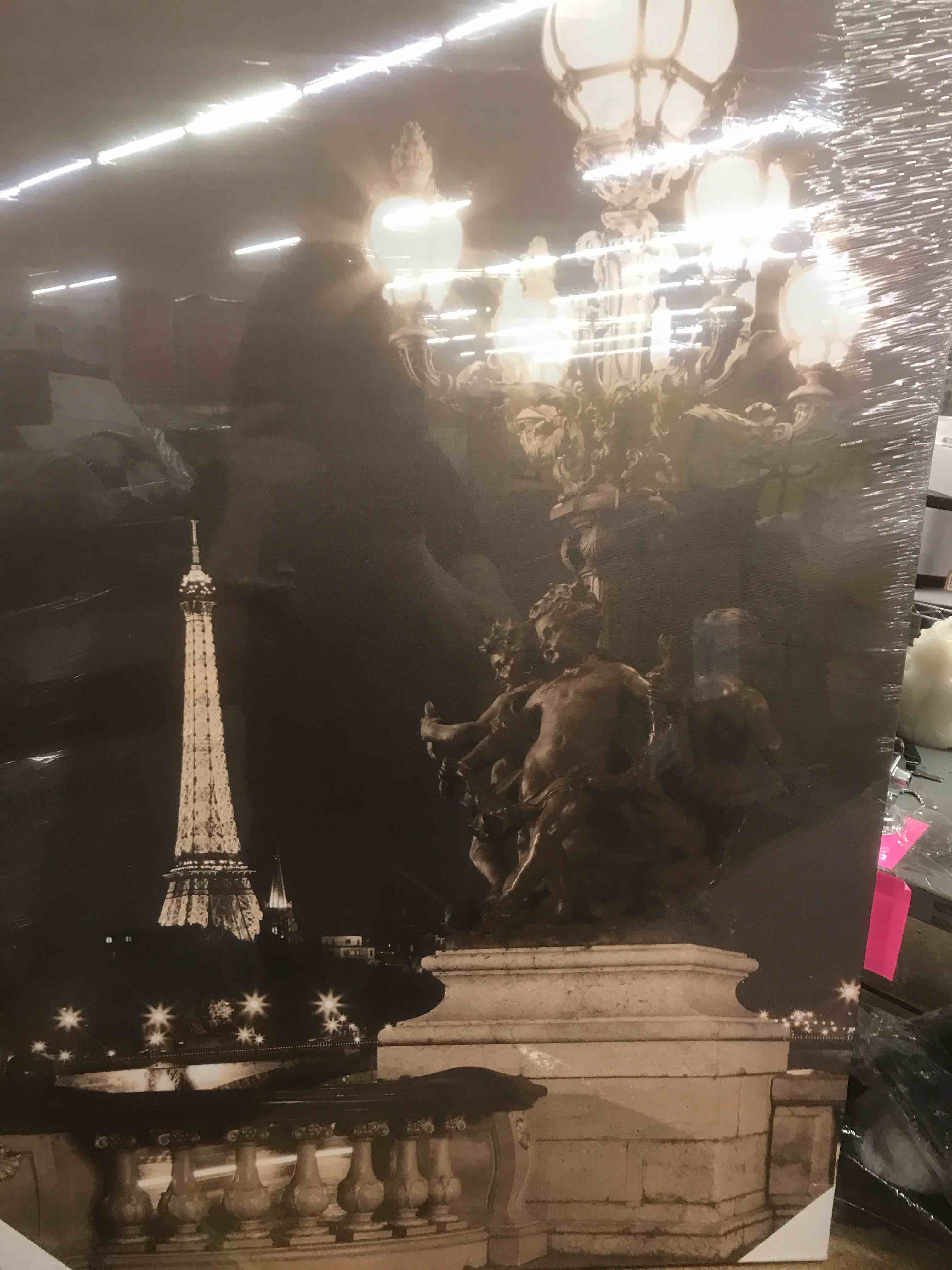 Condition photo showing As Is for A and B Home 35.3" H Rectangular-Shaped Black and White Canvas/Fir Wood Eiffell Led Wall Prints (Set of 2), Wall Art Home Office Decor