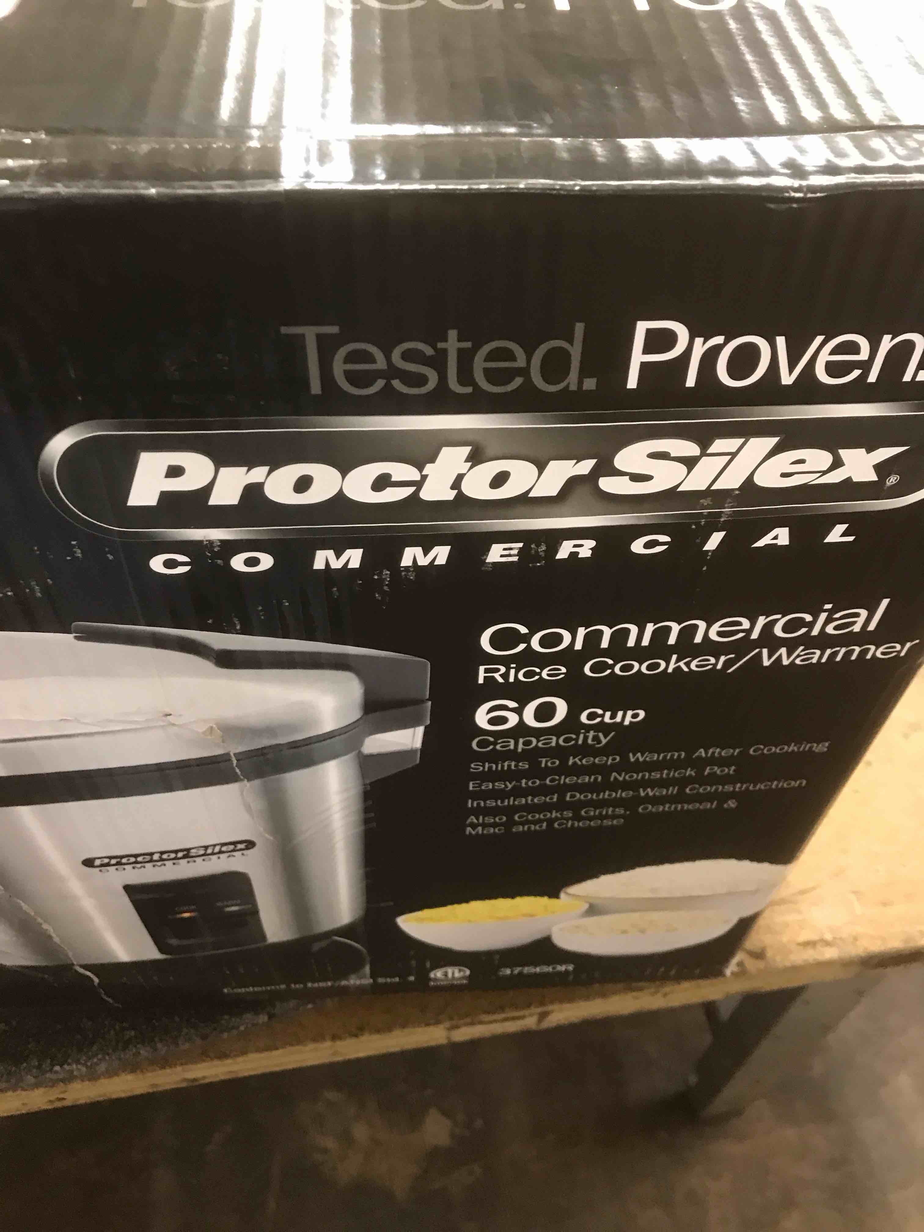 Condition photo showing New/Like New for 37560R Rice Cooker/Warmer, 60 Cups Cooked Rice Capacity, Nonstick Inner Pot, Hinged Lid, Stainless Steel Housing, Conforms to NSF