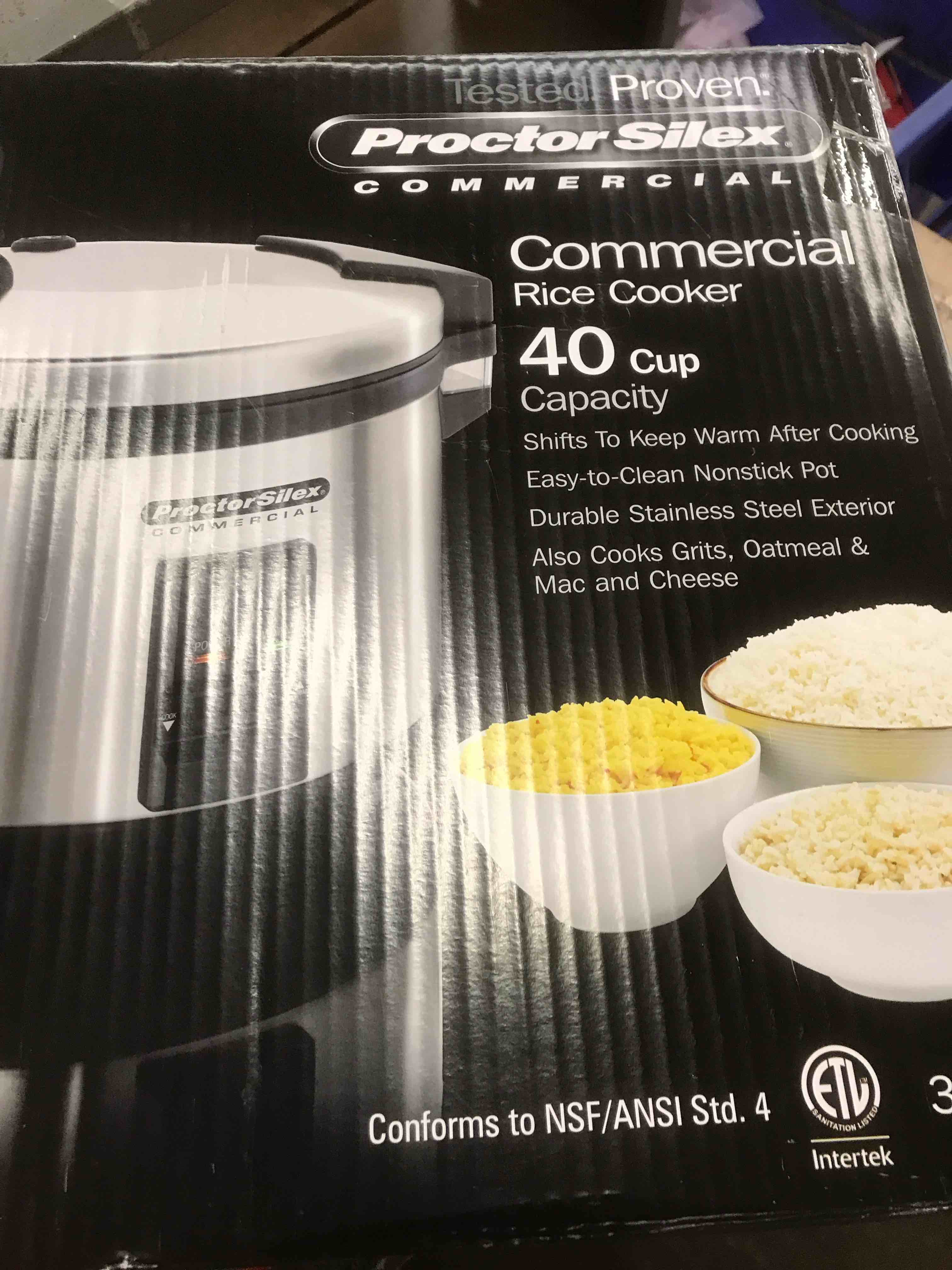 Condition photo showing New/Like New for Proctor Silex Commercial 37540 Rice Cooker/Warmer, 40 Cups Cooked Rice, Non-Stick Pot, Hinged Lid, Stainless Steel Housing