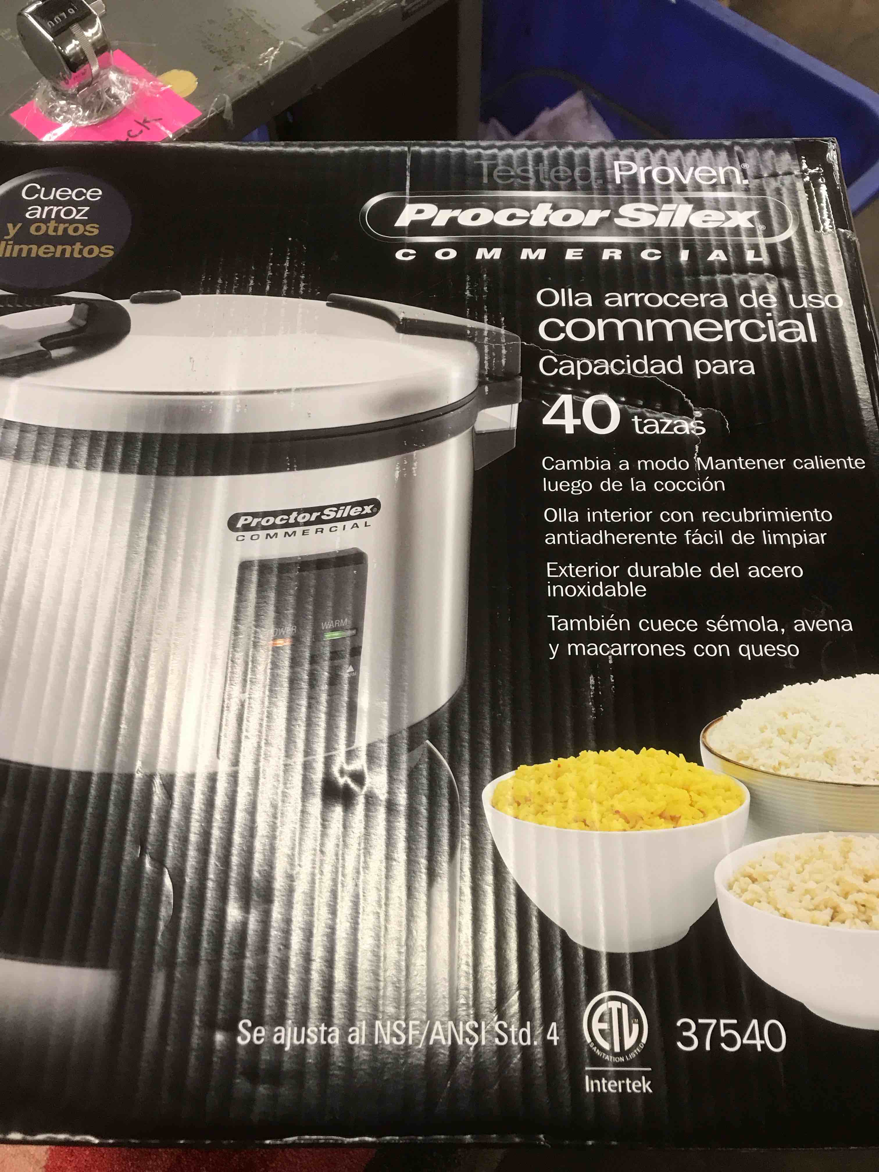 Condition photo showing New/Like New for Proctor Silex Commercial 37540 Rice Cooker/Warmer, 40 Cups Cooked Rice, Non-Stick Pot, Hinged Lid, Stainless Steel Housing