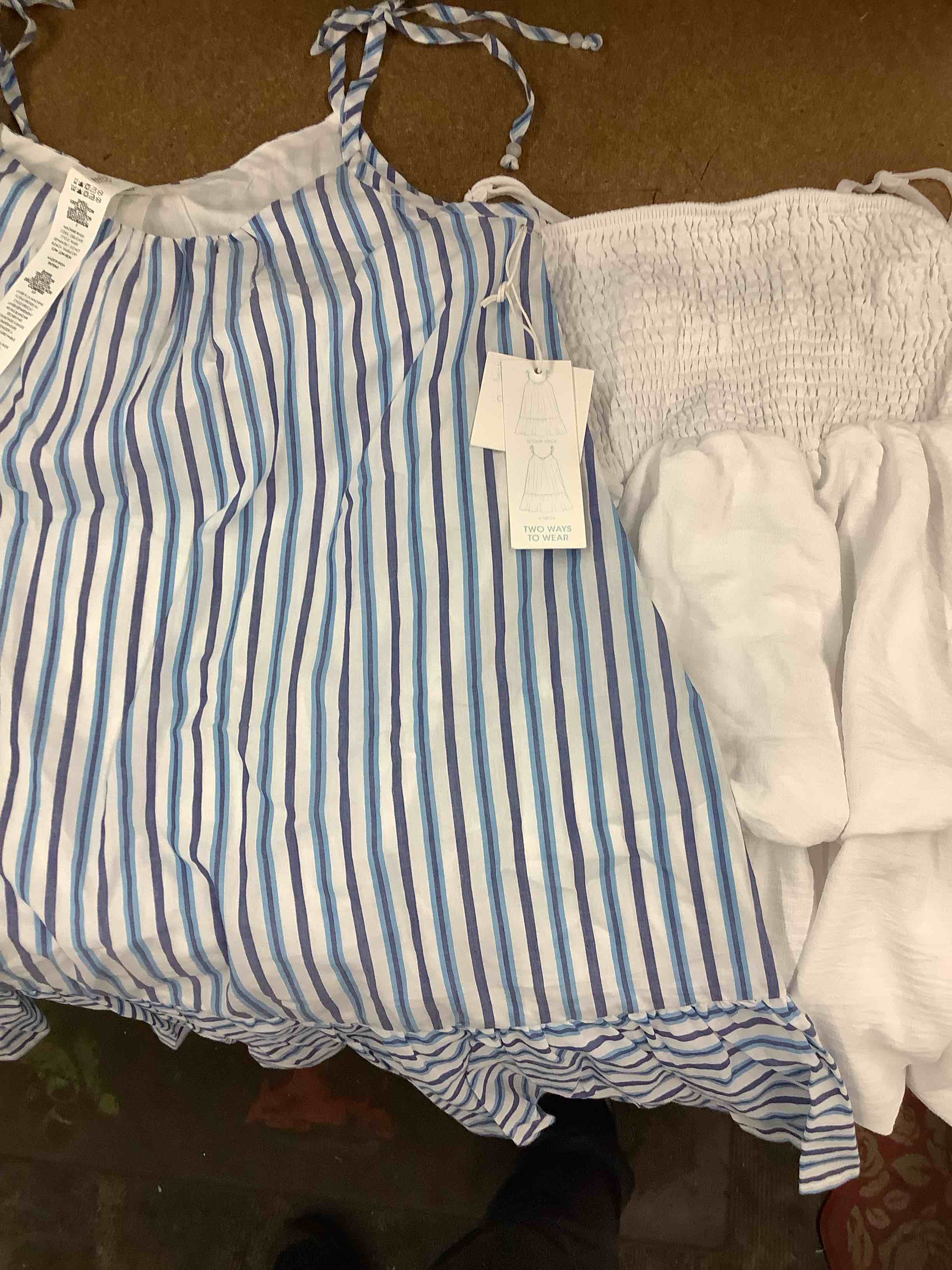 blue and white strip dress small, white off the shoulder dress medium 