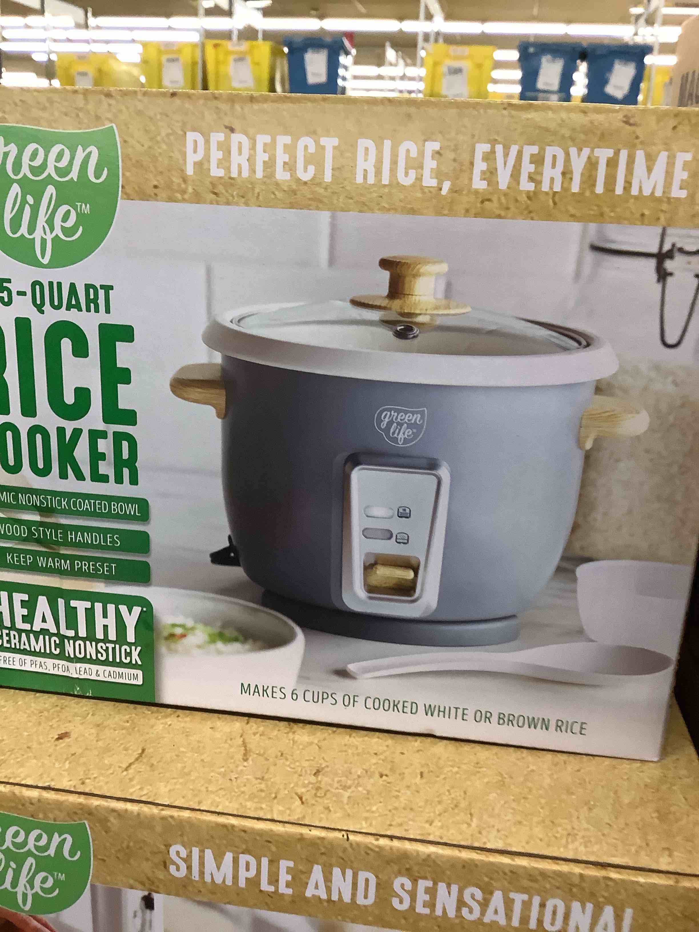 GreenLife 6-Cup Rice Cooker Steamer, PFAS Free Removable Ceramic Nonstick Pot, Auto Presets, Wood Print Handle, Keep Warm Function, One Touch Design, Dishwasher Safe, Measuring Cup, Rice Paddle, Cream