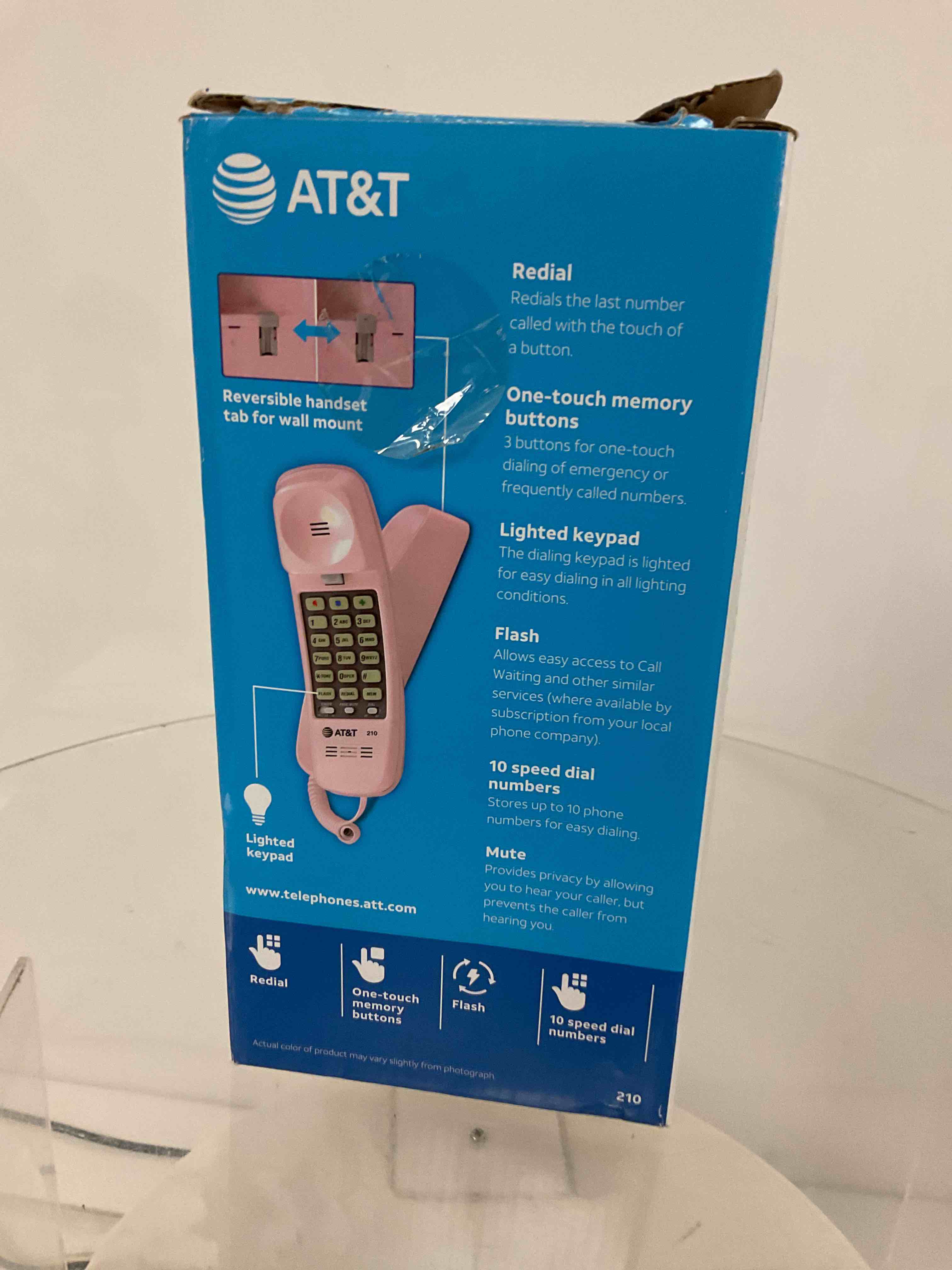 at&t trimline 210 corded home phone, no ac power required, improved easy-wall-mount, lighted big button keypad, 13 speeddial keys, last number redial, mute, flash, volume control, princess phone, pink