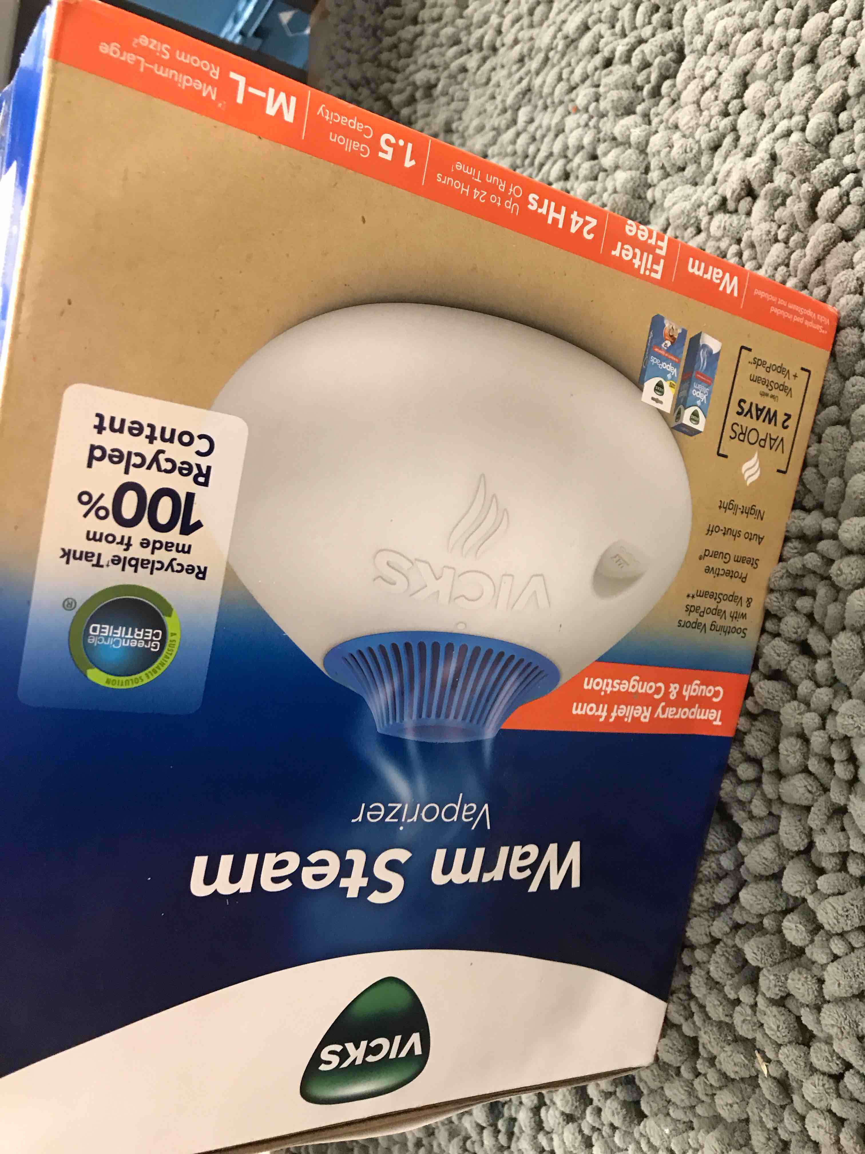 vicks warm steam vaporizer, small to medium rooms, 1.5 gallon tank – warm mist humidifier for baby and kids rooms with night light, works with vicks vapopads and vaposteam