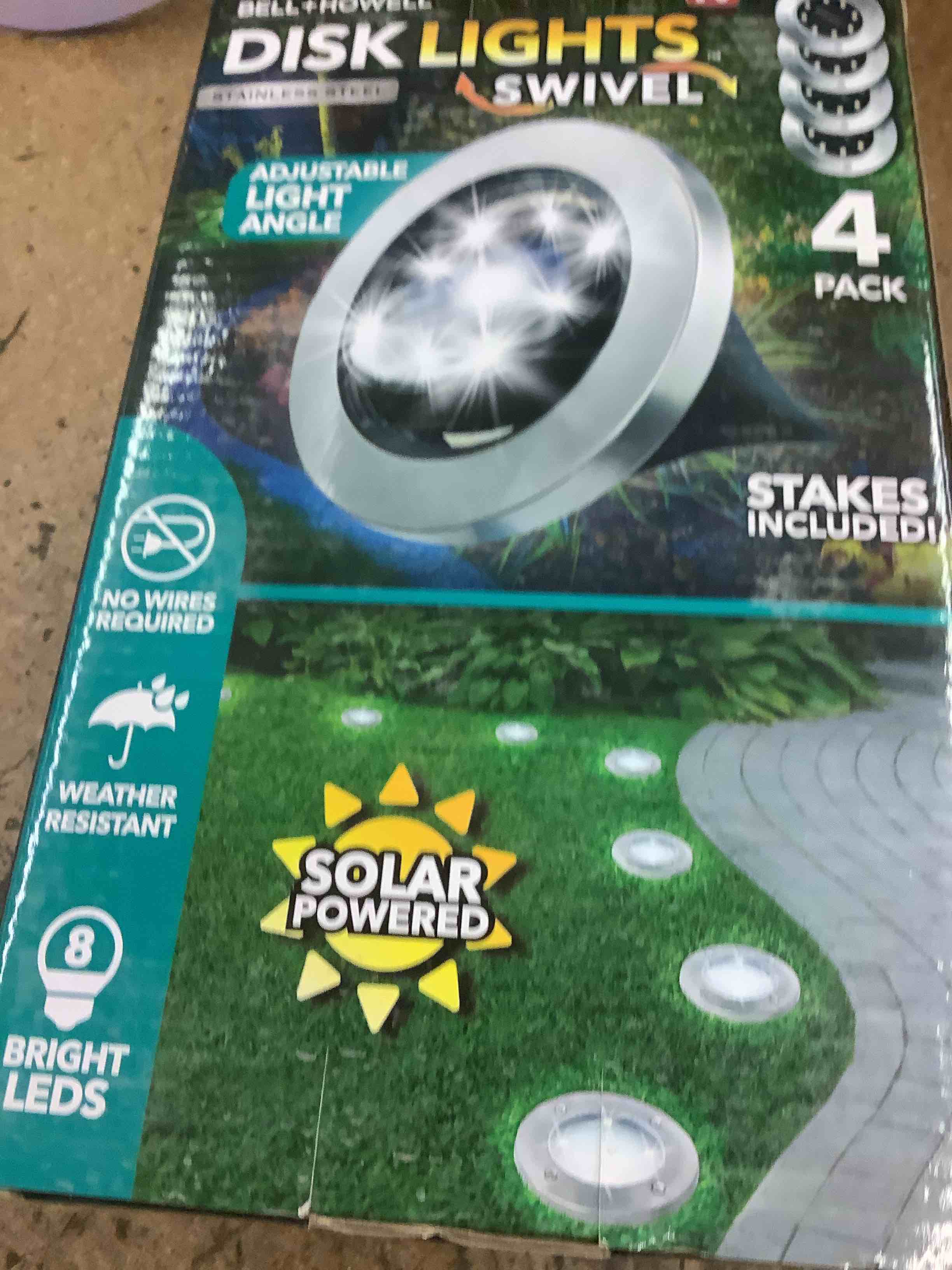 Bell + Howell Solar Powered Swivel Disk Lights  Outdoor Path Lights with 8 LED Bulbs  Stainless Steel 4 Pack