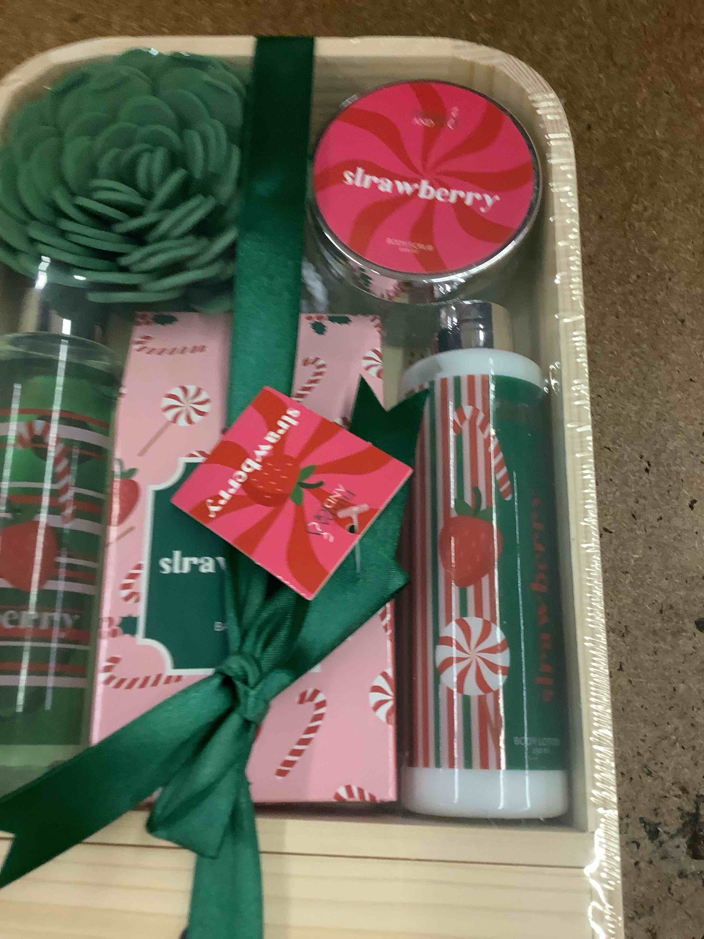 Strawberry Bath and Body Gift Set for Women and Men  Includes Shower Gel  Body Lotion  Body Scrub  Bath Salts  Spa Basket  Luxury Self-Care Kit Valentines Gift