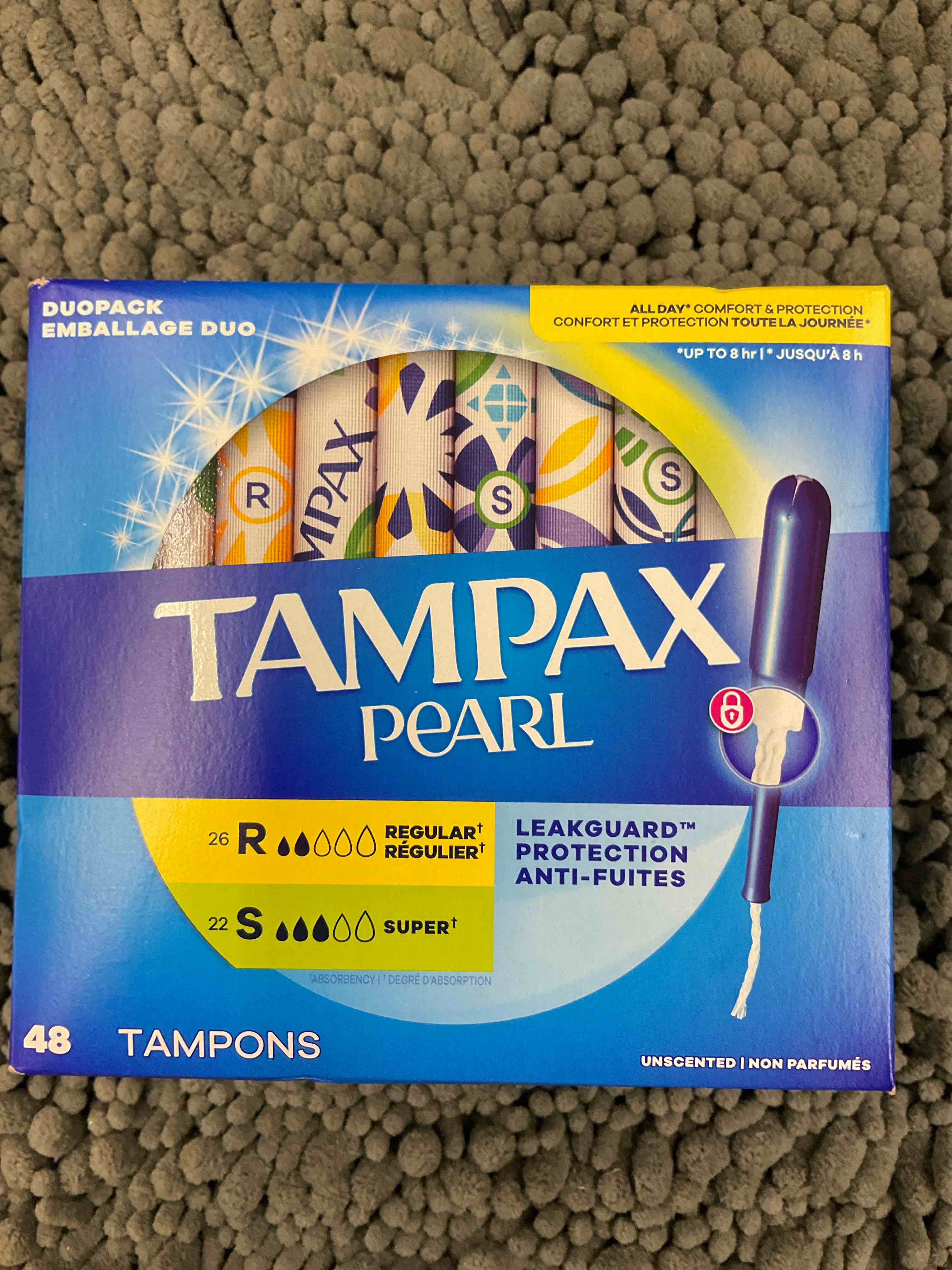 tampax pearl tampons for women multipack, with leakguard braid, regular/super absorbency, unscented, 48 count