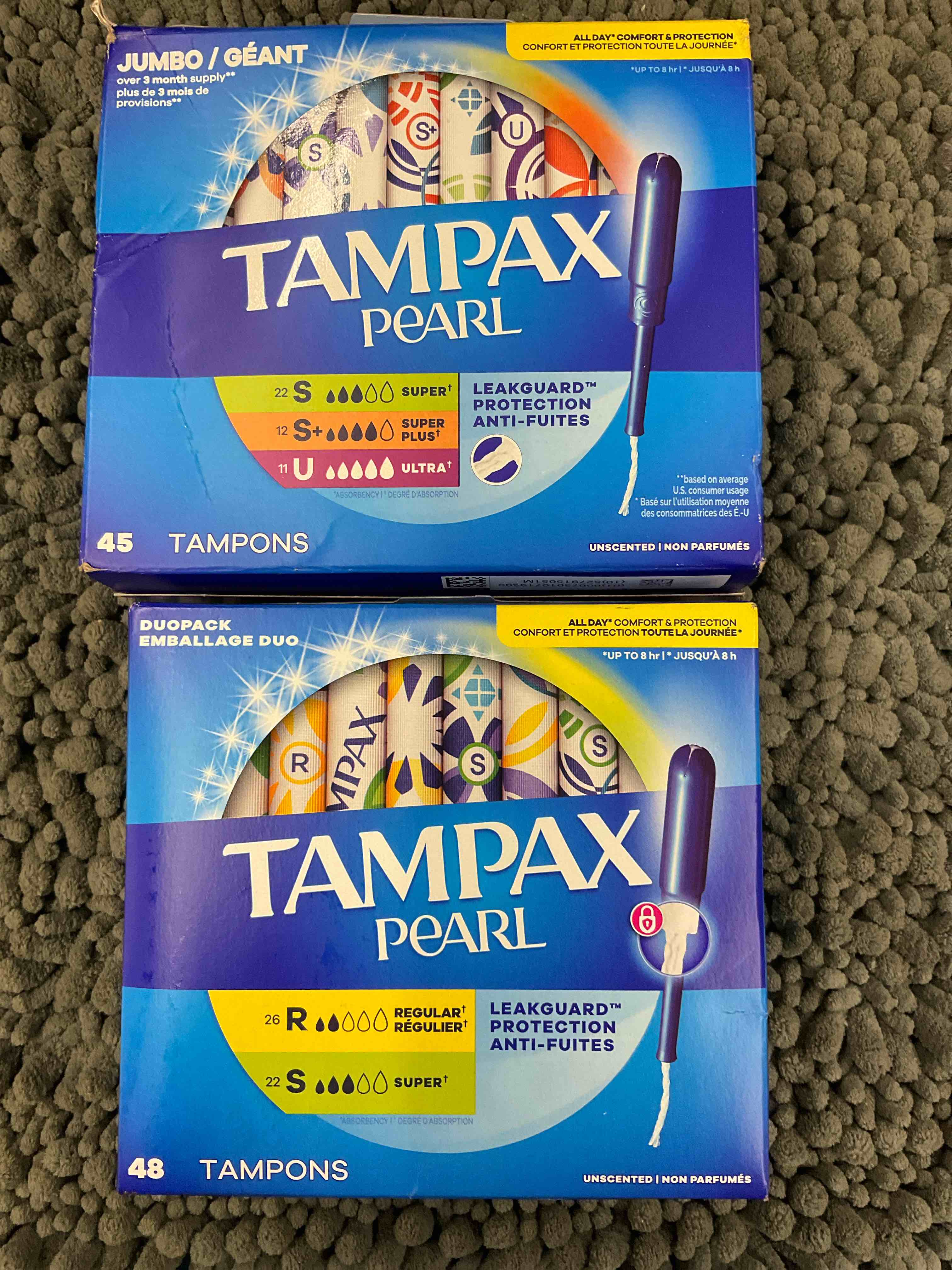 Tampax Pearl Tampons for Women, with LeakGuard Braid, Regular Absorbency, Unscented Jumbo & Duo Pack