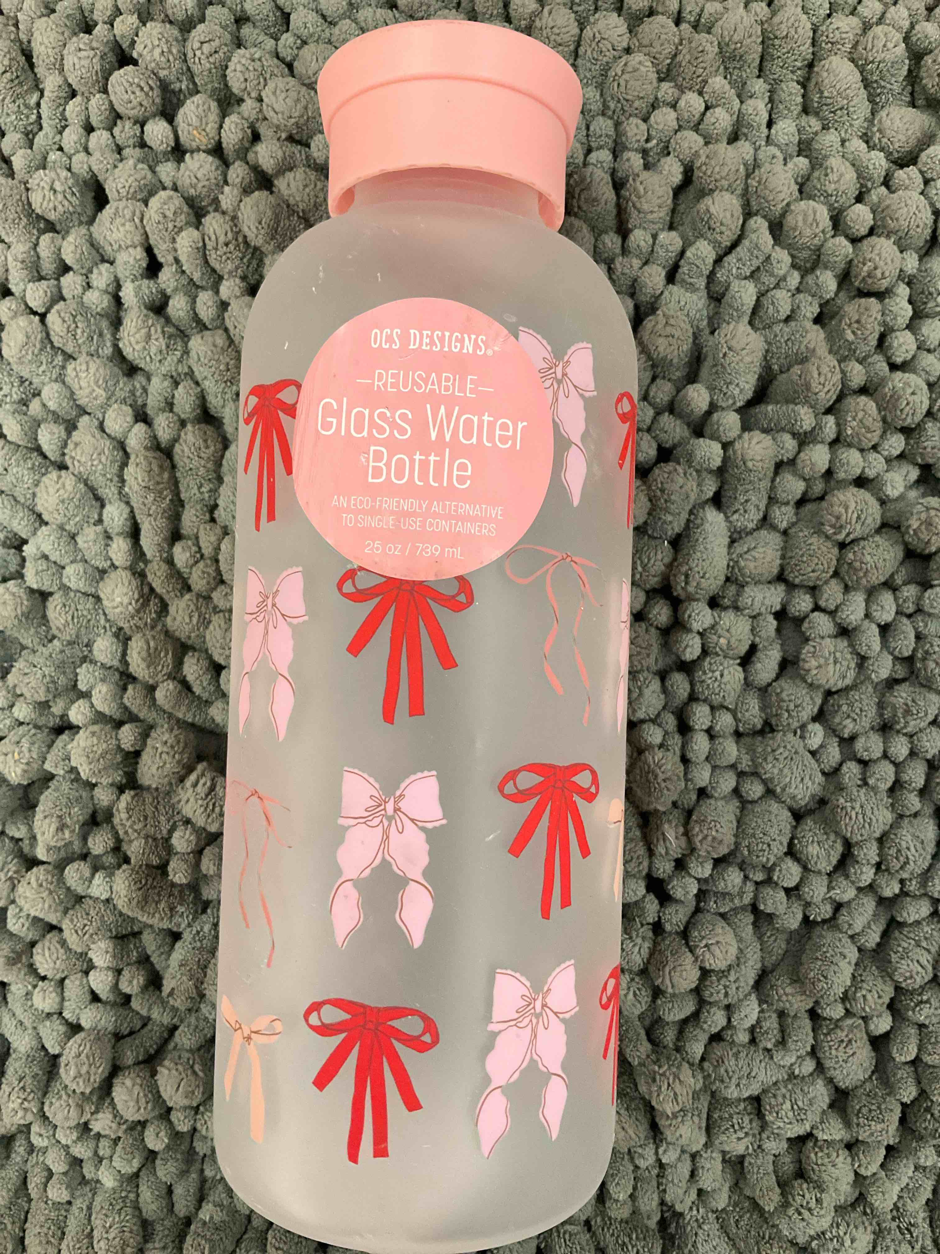 OCS Designs Reusable Glass Water Bottle With Pink Bows 25oz