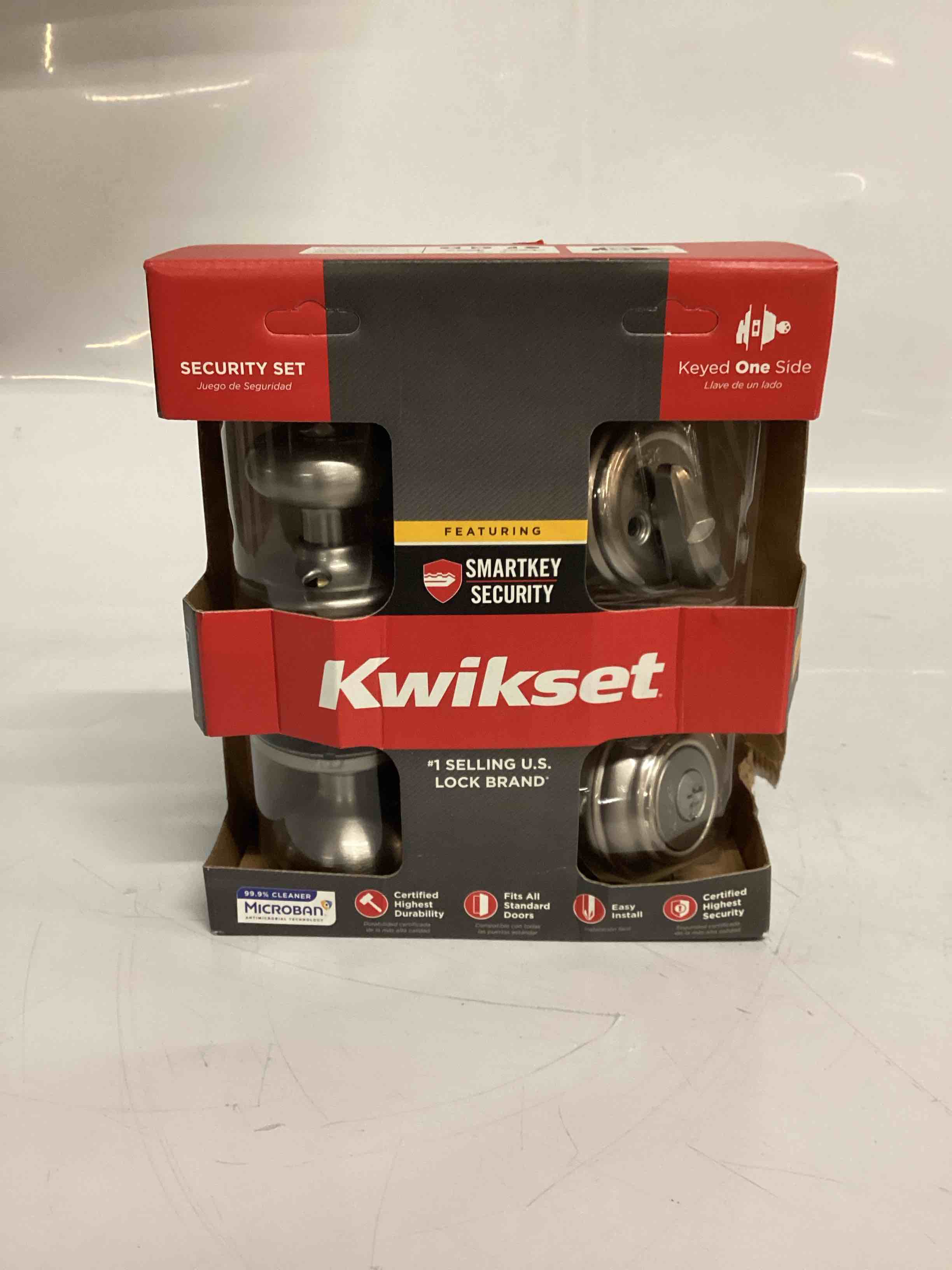 Kwikset Keyed Entry Door Knob and Single Cylinder Deadbolt Combo Pack with Microban Antimicrobial Protection Featuring SmartKey Security in Satin Nickel
