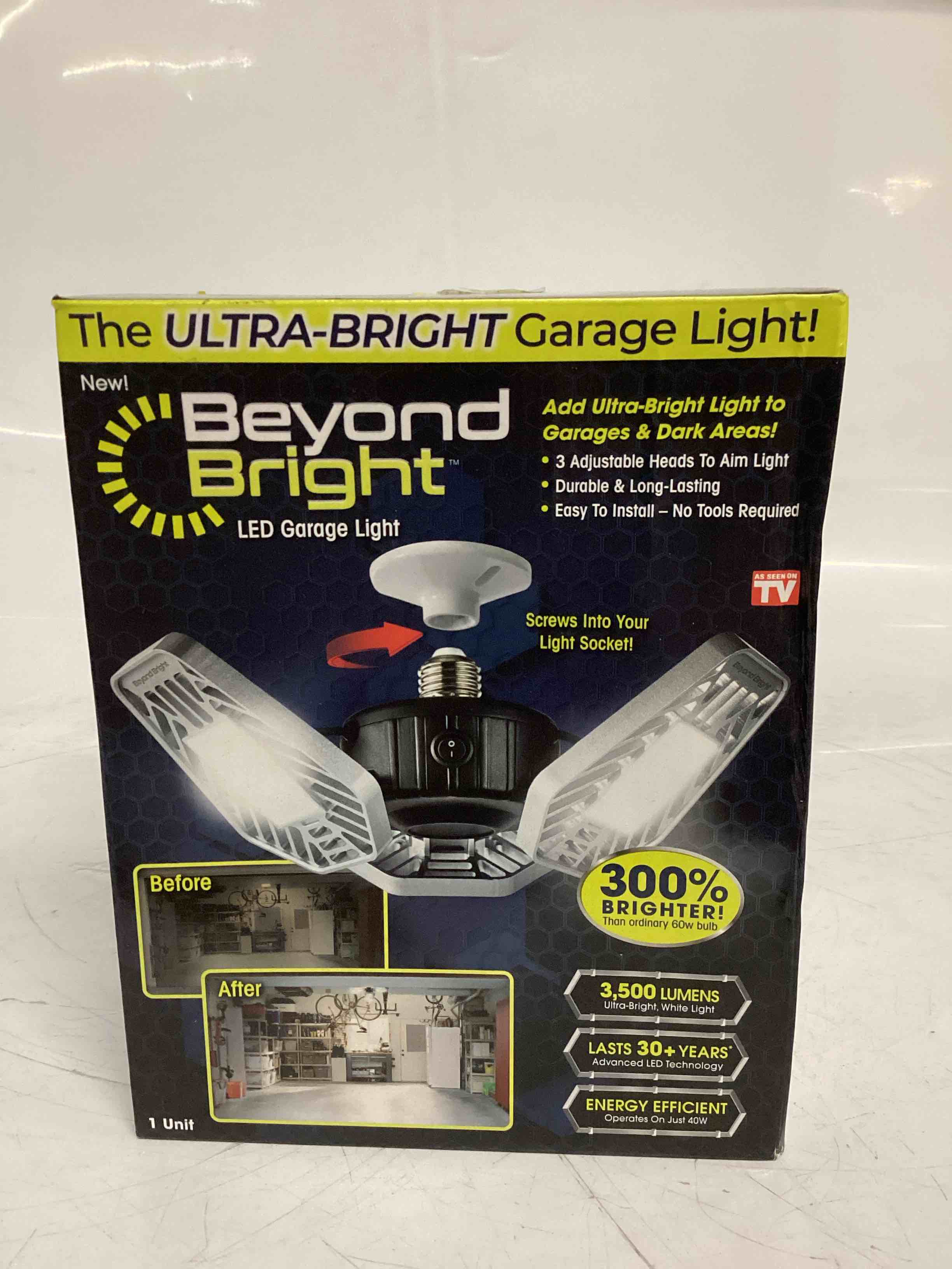 ontel beyond bright led ultra-bright garage light - 3 adjustable panels, energy efficient, easy to install, durable and long-lasting light for garages, warehouses and more